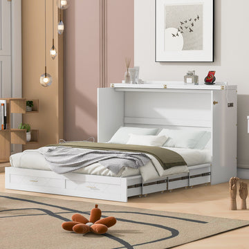 Queen Size Murphy Bed Wall Bed With Drawer And A Set Of Sockets & Usb Ports, Pulley Structure Design, White Queen White Mdf Lvl