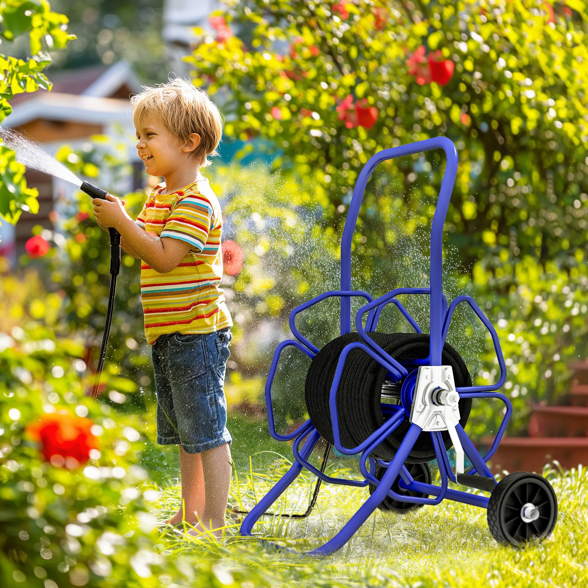 Outsunny Garden Hose Reel Cart, Hold Up To 98' Of 5 8" Hose Hose Not Included , Portable Water Hose Cart With Wheels For Yard, Lawn, Blue Blue Steel