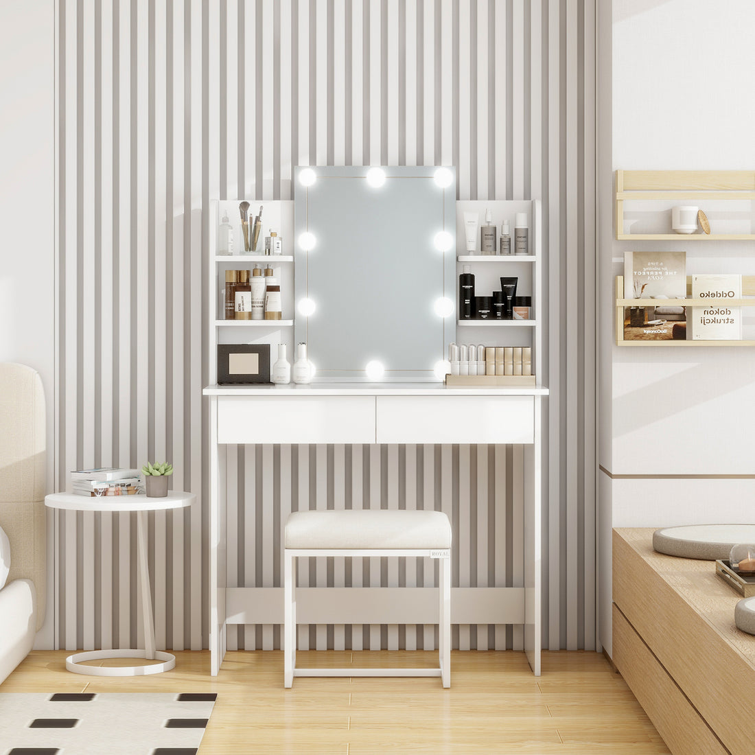 Makeup Vanity Desk With Led Lighted Mirror ,Dressing Table Set With 2 Large Drawers 10 Led Light ,White Color White Primary Living Space Modern Particle Board