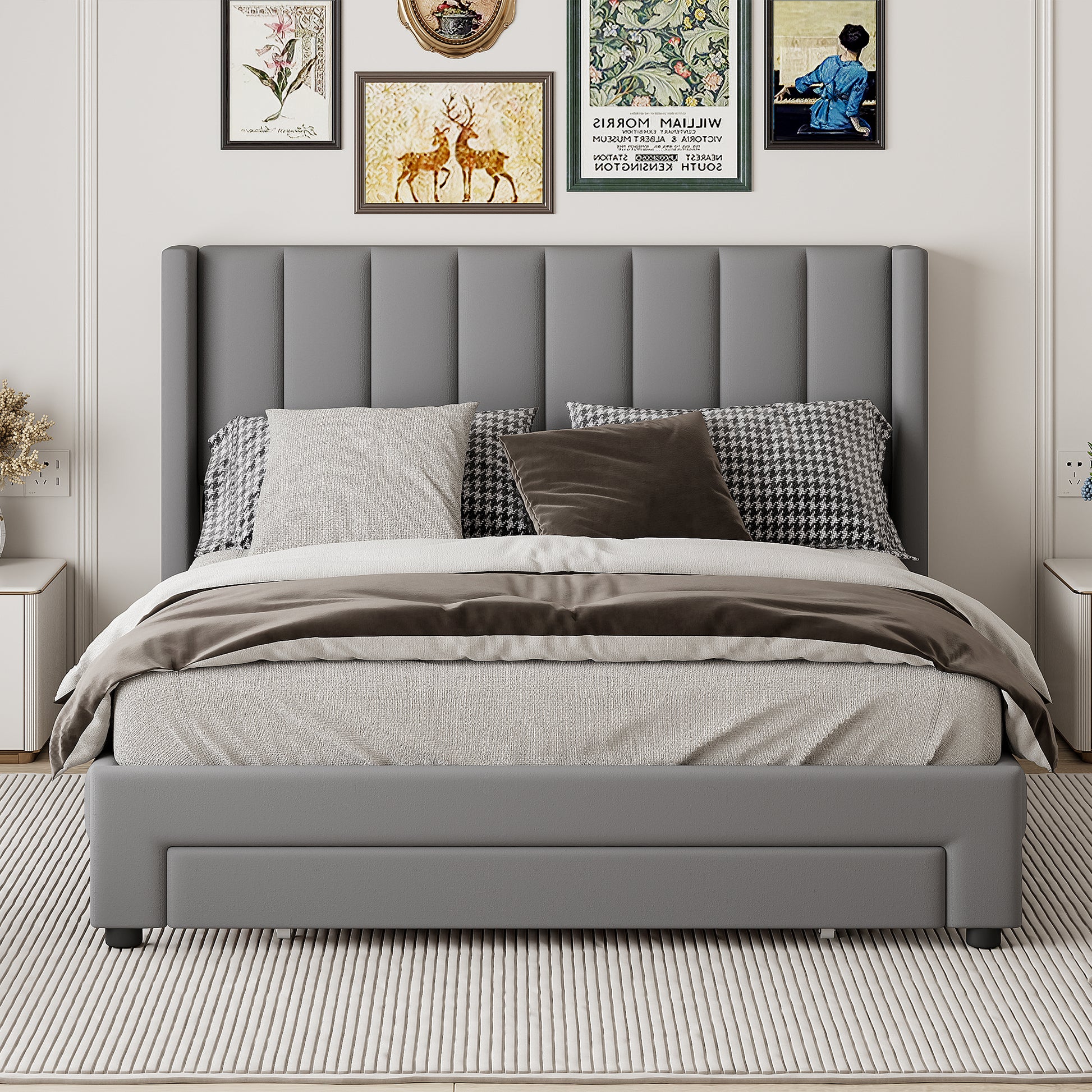 Queen Size Storage Bed Velvet Upholstered Platform Bed With A Big Drawer Gray Old Sku:Wf296854Aae Queen Gray Velvet