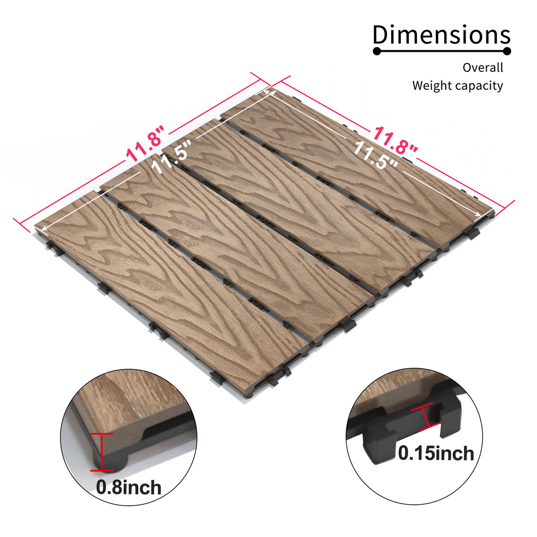 Patio Floor Tiles Pack Of 22 Wpc Wood Plastic Composite Patio Deck Tiles Diy Interlocking Decking Tiles, Quick Deck Floor Tile, Court Tile, Water Resistant Indoor Outdoor 11.8" 3D Teak Teak Plastic