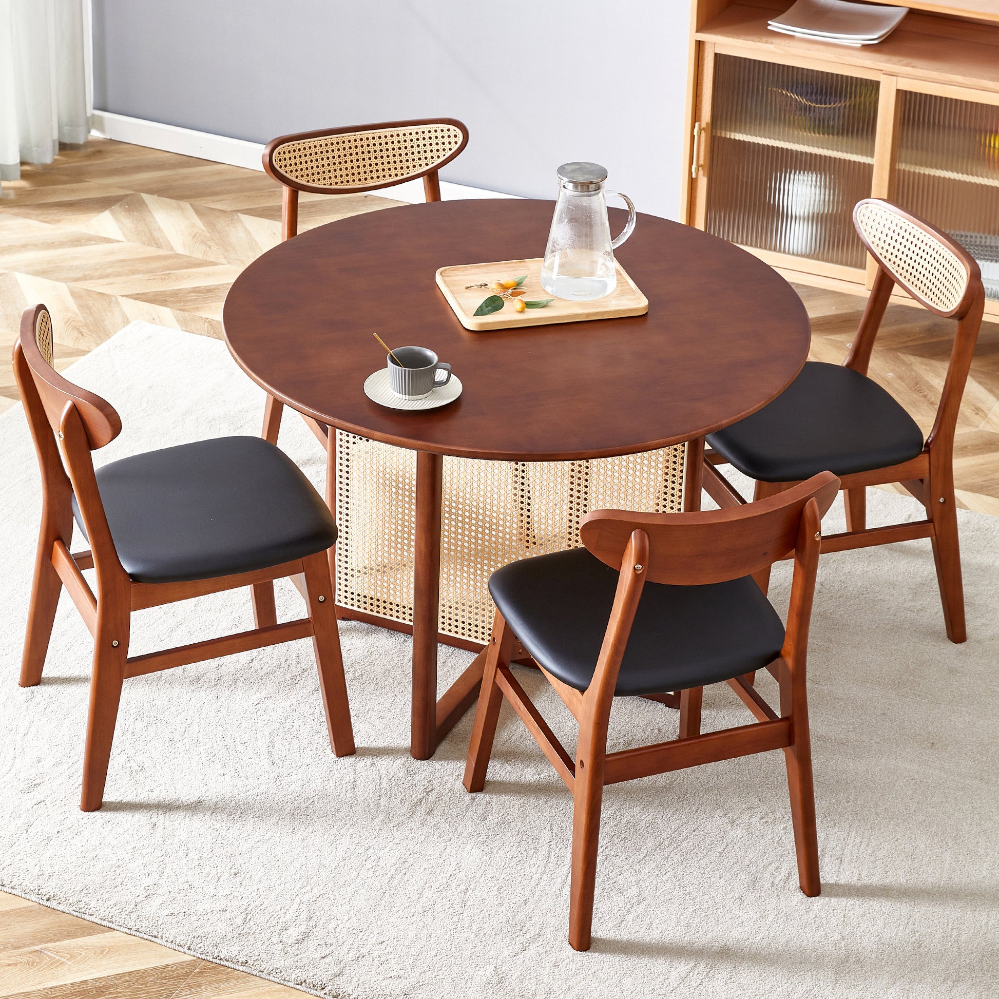Table And Chair Set, Ancient Style Solid Wood Dining Table, Imitation Rattan Table Legs, Beautiful Simple Solid Wood Dining Chair, Perfect For Dinner, Meetings, Home And Office Decoration Walnut Rubber Wood