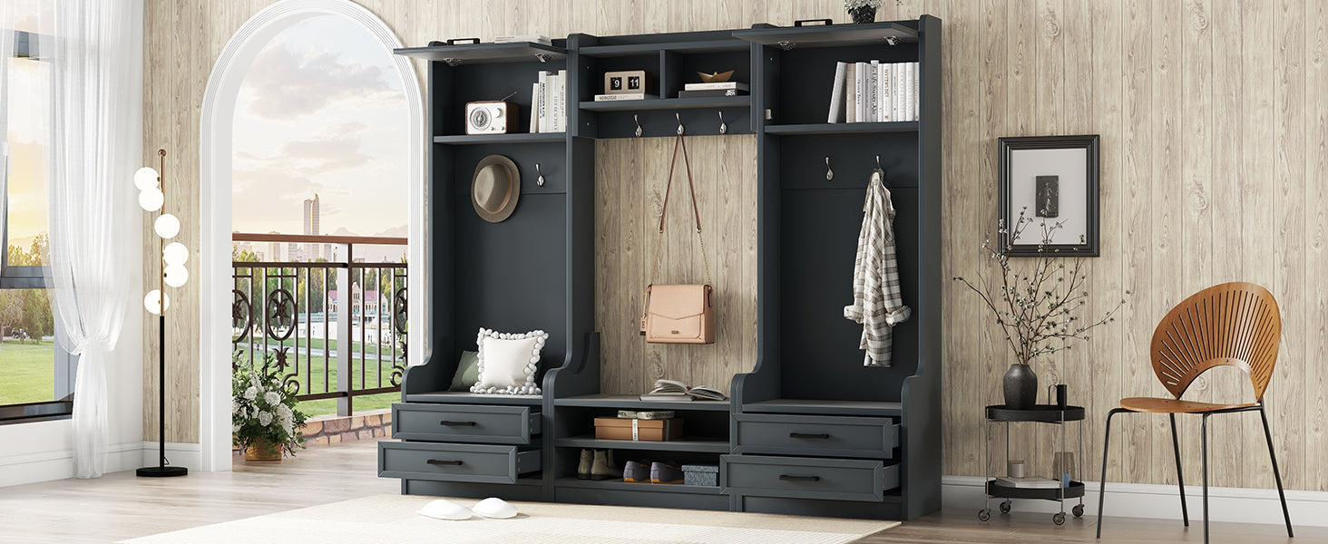 4 In 1 Detachable Hall Tree With Storage And 7 Hooks, Multiple Functions Hallway Coat Rack With Storage Drawers And Cabinet, Antique Blue Shoe Bench For Entryway Hallway Antique Blue Particle Board