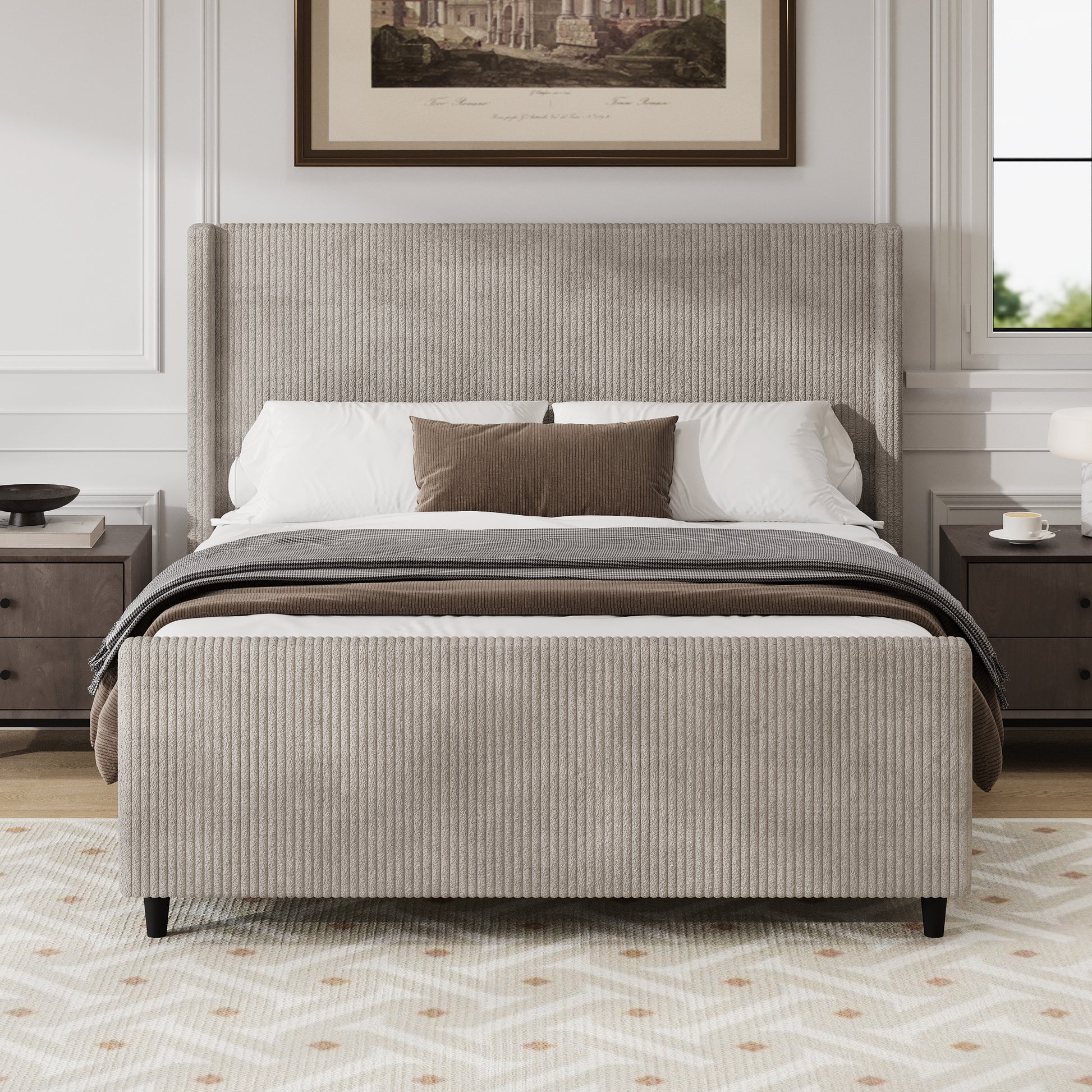 50.7'' High Headboard Corduroy Upholstered Bed Frame With Vertical Stripe Wingback And High Footboard No Box Spring Needed, Queen Size, Taupe Box Spring Not Required Queen Taupe Wood Bedroom Modern Bed Frame Wood