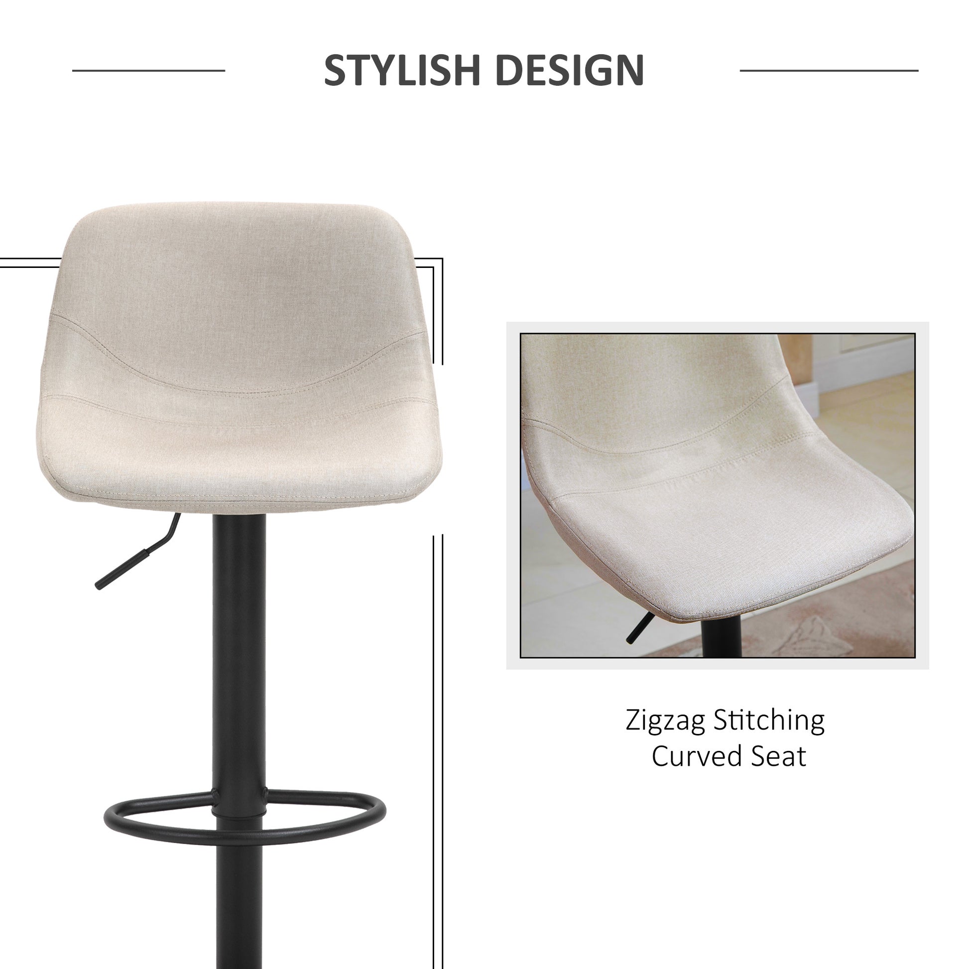 Homcom Adjustable Bar Stools, Swivel Bar Height Chairs Barstools Padded With Back For Kitchen, Counter, And Home Bar, Set Of 2, Cream White Cream White Linen