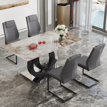 Table And Chair Set.63"X31.5" Marble Pattern Sintered Stone Table With Mdf Oc Shaped Bracket.Paired With 4 Dark Gray Pu Chairs With Black Metal Legs.Suitable For Kitchen,Dining Room,Etc. Black,Dark