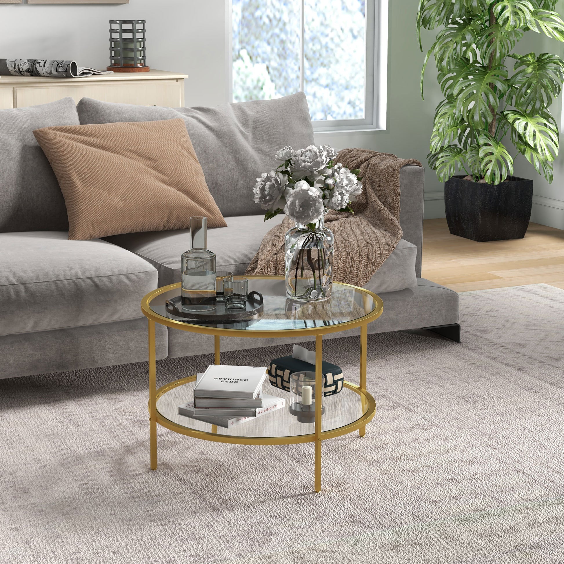 Homcom Side Table With Storage, 26" Round End Table, 2 Tier Tempered Glass Coffee Table With Steel Frame For Living Room, Gold Gold Glass Metal