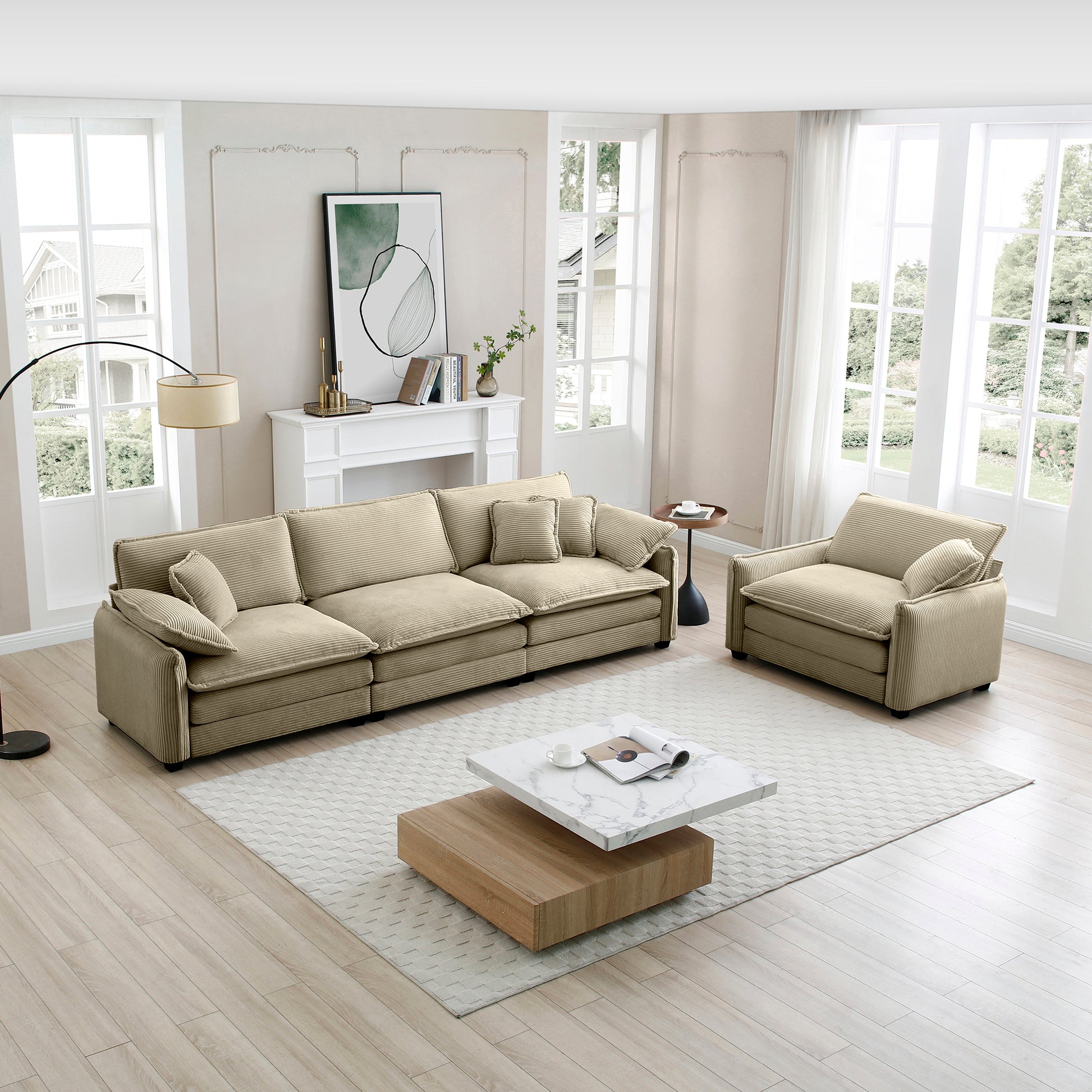Mid Century Modern Sofa Set Of Two, One 3 Seater Sofa And One Single Seat Sofa With 2 Arm Pillows And 4 Throw Pillows,2 Pieces Sofa Set For Living Room,Tan Corduroy Fabric Tan Corduroy 4 Seat