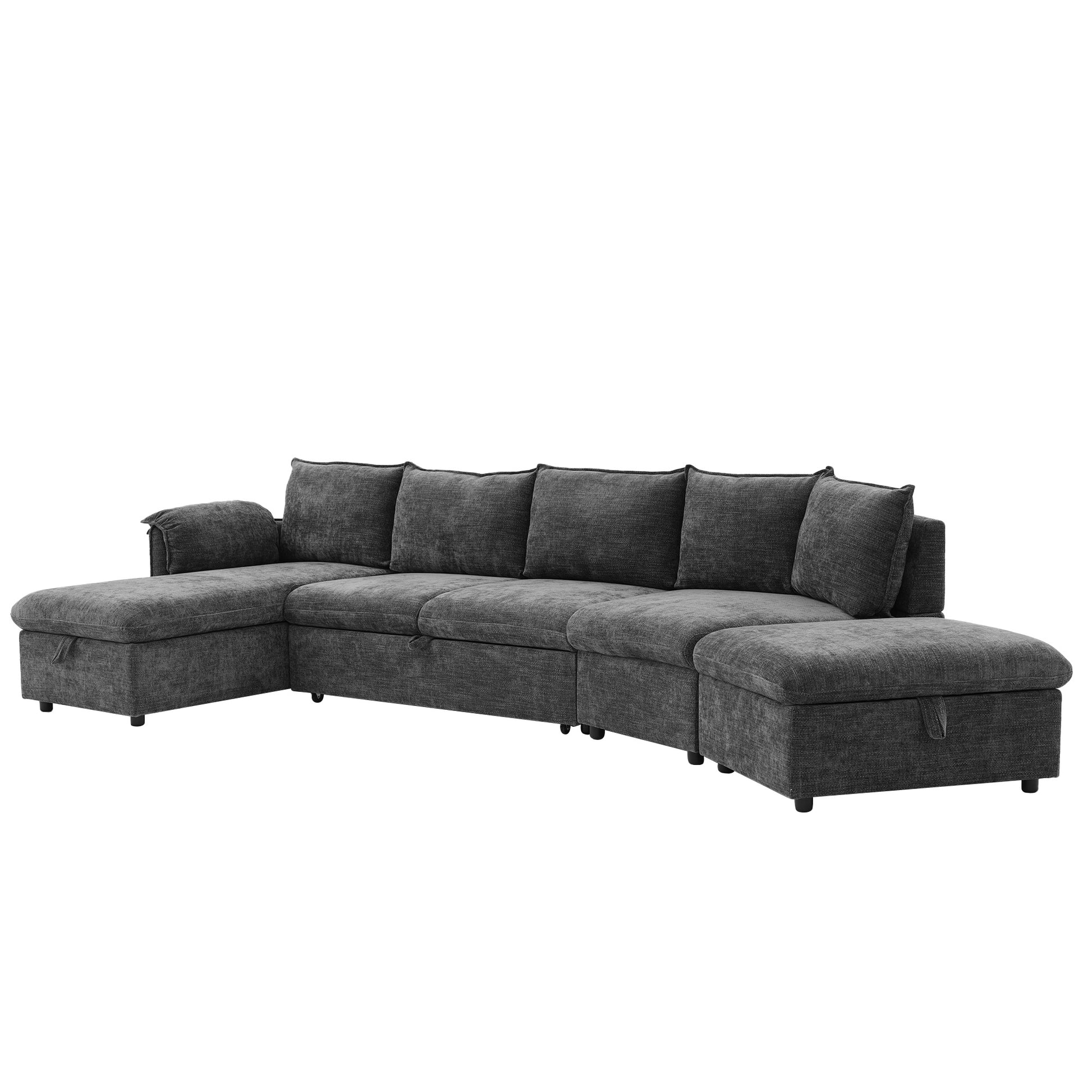 146.9" L Shaped Sofa Sectional Sofa Couch Pull Out Sofa Bed With A Movable Storage Ottoman, A Storage Chaise Lounge And Two Usb Ports For Living Room, Grey Grey Foam Linen 5 Seat