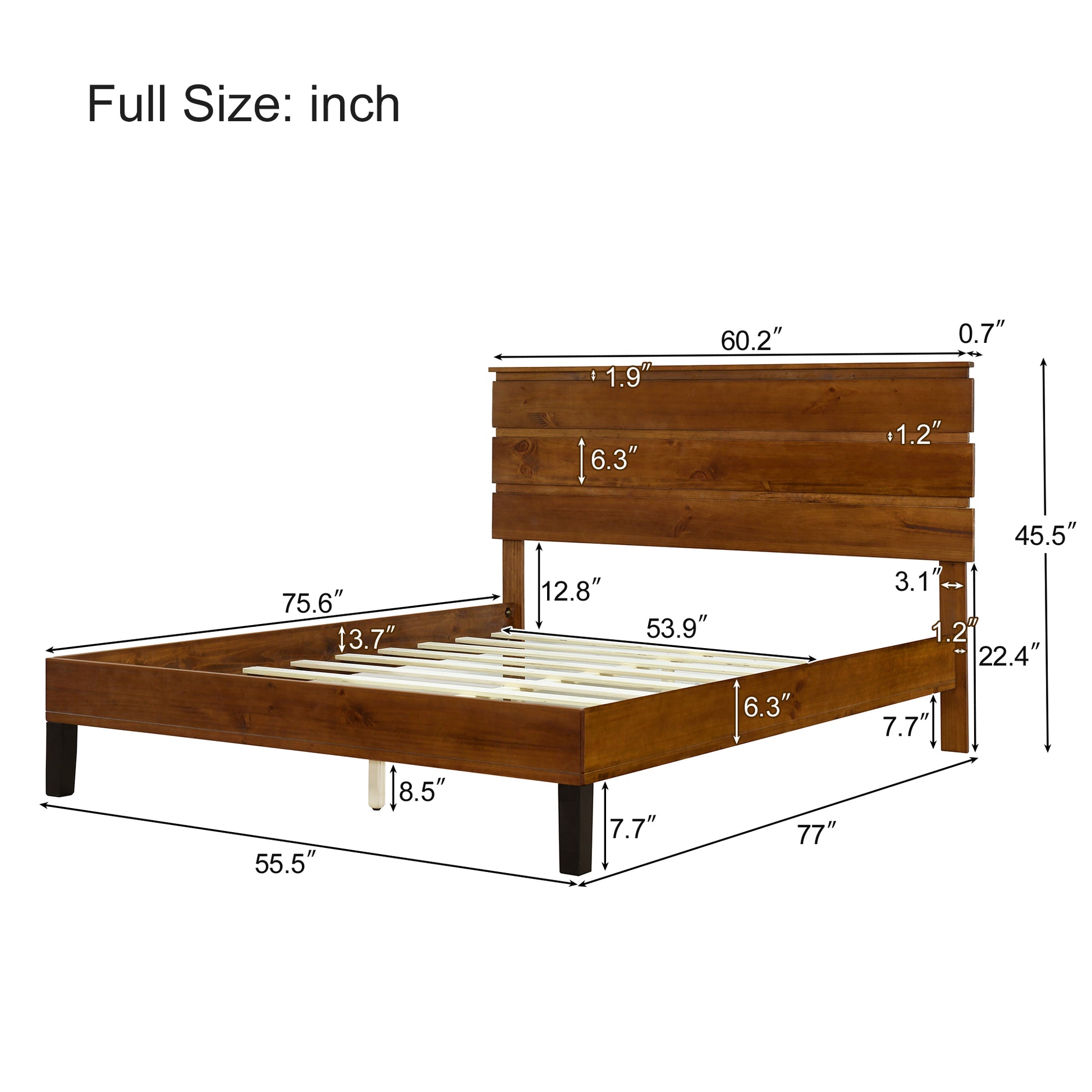 Mid Century Modern Solid Wood Bed Frame Full Size Platform Bed With Three Piece Headboard Design, No Box Spring Needed, Brown Full Brown Pine