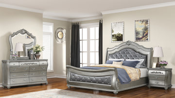 Destiny Traditional Style 4 Pc Queen Bedroom Set With Upholstered Crystal Tufted Bed Made With Wood In Silver Box Spring Required Queen Silver Wood 4 Piece Set Bedroom Bed Included,Dresser