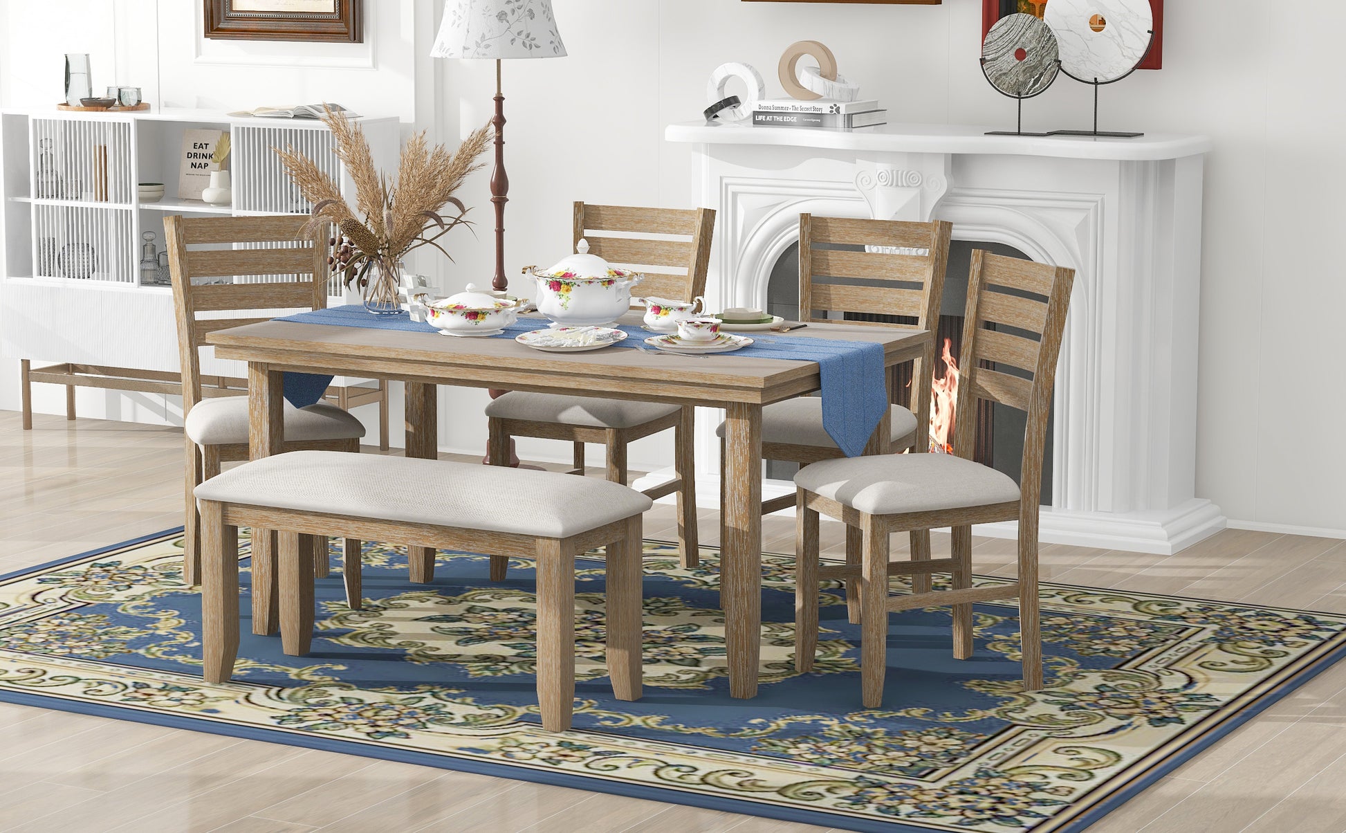 Dining Room Table And Chairs With Bench, Rustic Wood Dining Set, Set Of 6 Natural Wood Wash Natural Wood Wash Solid Wood