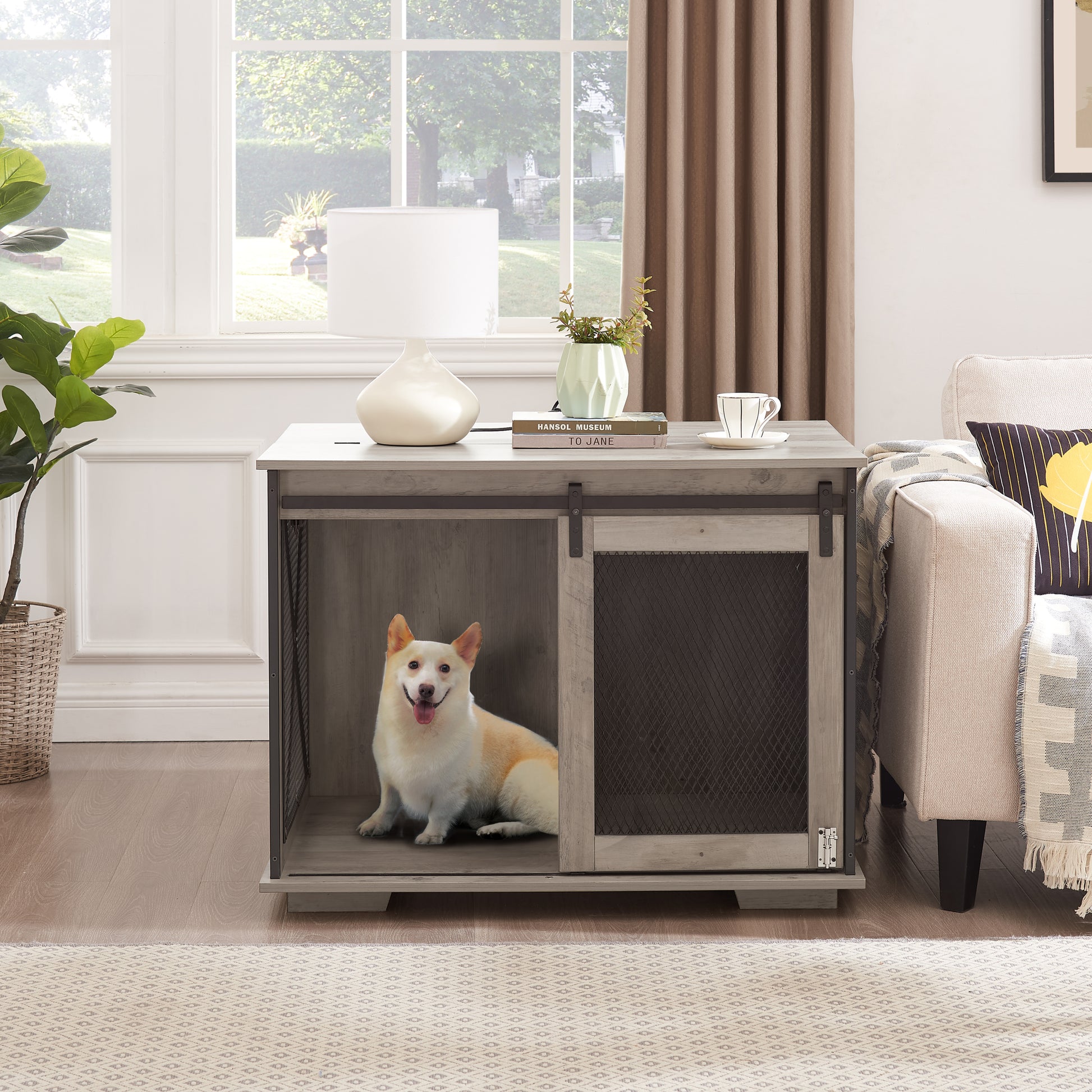 Farmhouse Dog Cage Crate Furniture With Sliding Barn Door, Farmhouse Wooden Dog Kennel End Table With Flip Top Plate Dog House With Detachable Divider For Small Medium Large Dog Gray Gray Wash Mdf