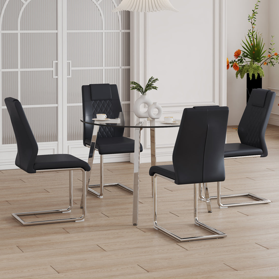 Table And Chair Set.A Modern Minimalist Style Round Clear Tempered Glass Table With Silver Metal Legs.Paried With 4 Chairs With Modern Pu Leather High Back Upholstered And C Tube Chrome Legs. Black,Silver Seats 4 Glass Metal