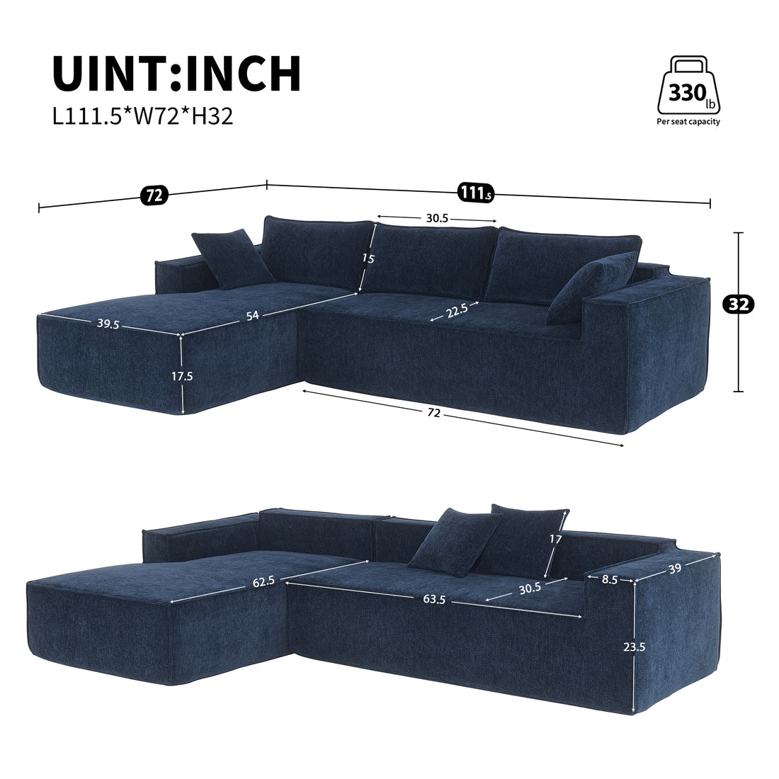 111.5*72"Minimalist Style Modular Sectional Sofa,Wrinkle Resistant Chenille Couch Set,L Shaped Sleeper Sofa Bed For Living Room,2 Pic Free Combination,No Assembly Require,3 Colors Dark Blue Chenille 4 Seat