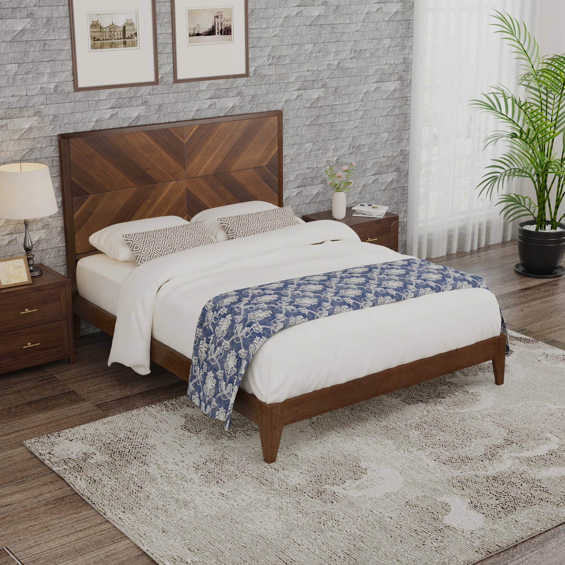 Mid Century Modern Platform Bed Wood Slat Support With No Box Spring Needed,King Walnut Box Spring Not Required King Walnut Wood Bedroom Mid Century Modern Bed Frame Wood