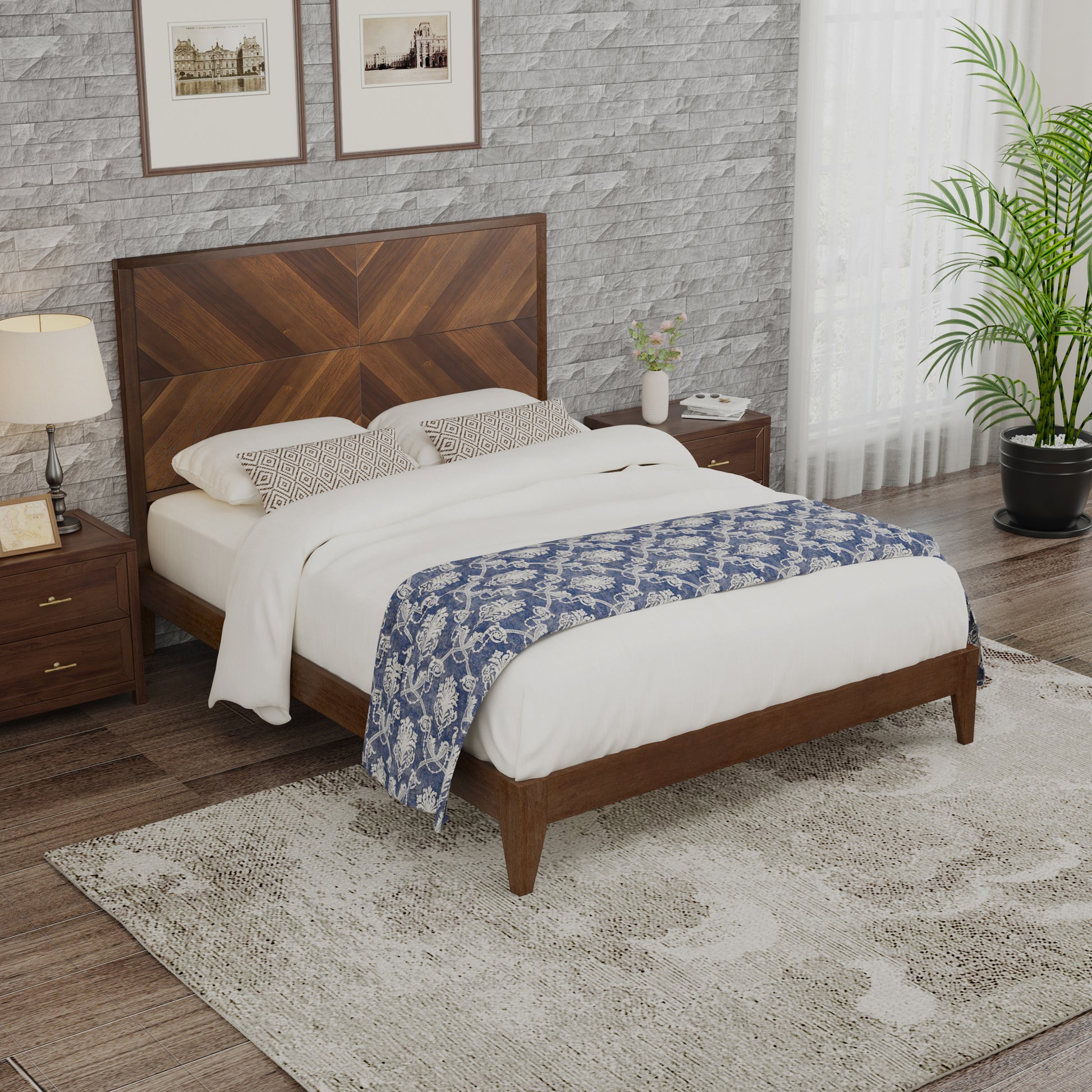 Mid Century Modern Platform Bed Wood Slat Support With No Box Spring Needed,Queen, Walnut Box Spring Not Required Queen Walnut Wood Bedroom Mid Century Modern Bed Frame Wood