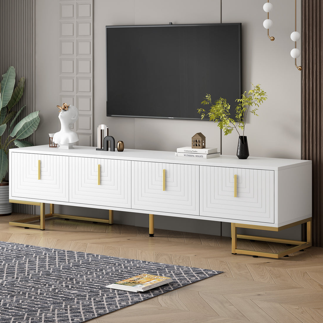 Modern Tv Stand With Metal Legs And Gold Handles For Tvs Up To 80'', Media Console Table With Cabinets And Adjustable Shelves, Luxury Tv Cabinet With Geometric Lines For Living Room, White White Gold Primary Living Space 80 89 Inches 80 89 Inches 80