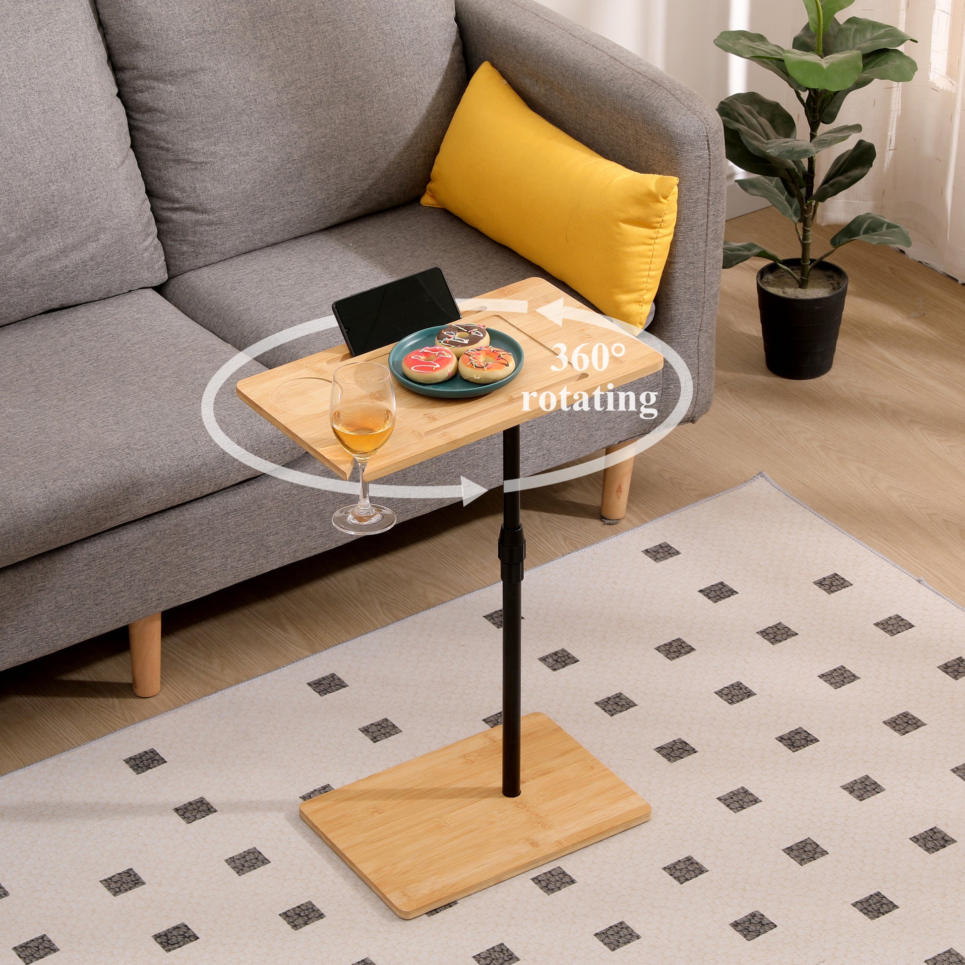 Bamboo Couch Tray Table Height Adjustable C Shaped End Table With Slots 2 Tier Sofa Side Table For Living Room & Bedroom Rectangle Rectangle Natural Height Adjustable & Standing Desks Primary Living Space Modern Manual Freestanding Rectangular Shelves