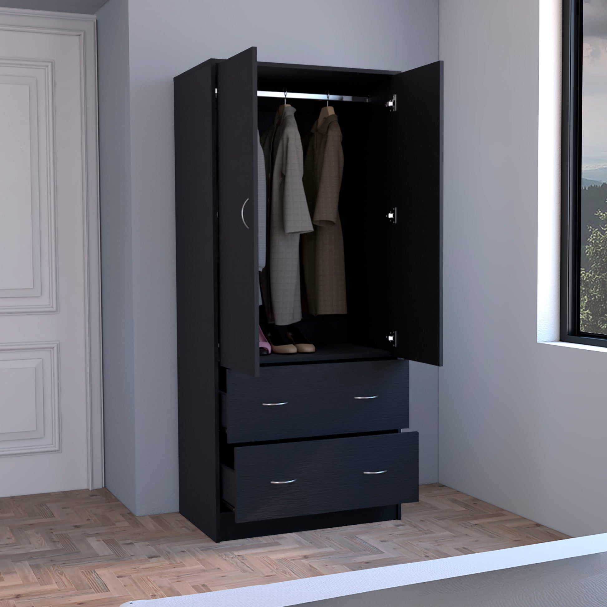 Taly Armoire With Double Doors, 2 Drawers, And Hanging Rod Black Black Particle Board