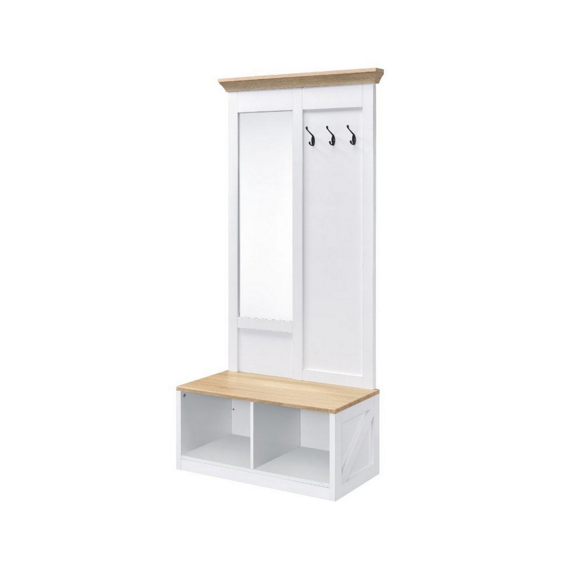 Hall Tree With Body Length Mirror And Bench Seat, White And Brown Brown White Wood Metal