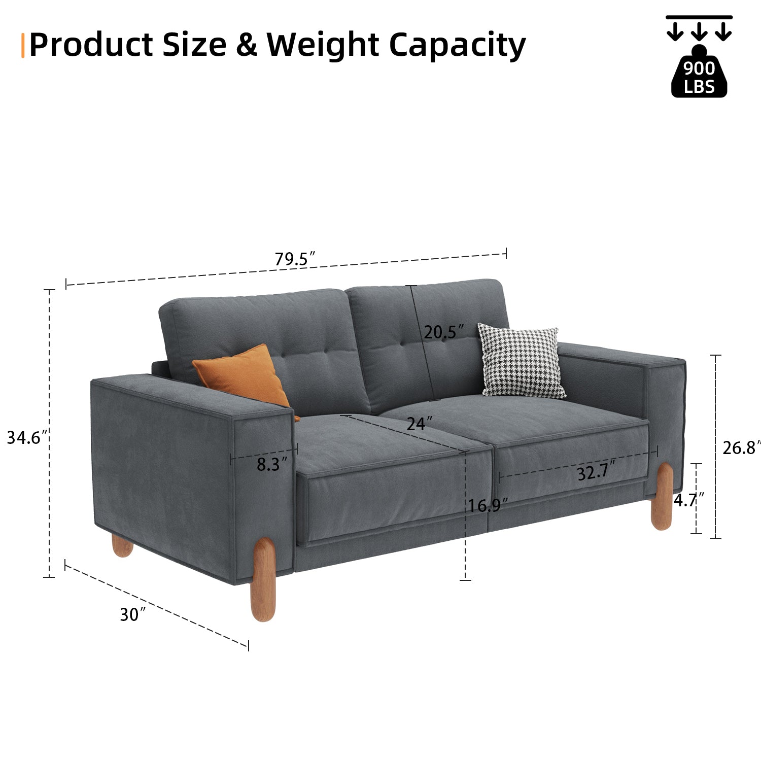 Couches For Living Room,Modern Fabric Upholstered Sofa Tufted Couch With Square Arm And 4 Solid Wood Legs 2 Pillows Decor For Living Room, Office, Apartment Gray Chenille