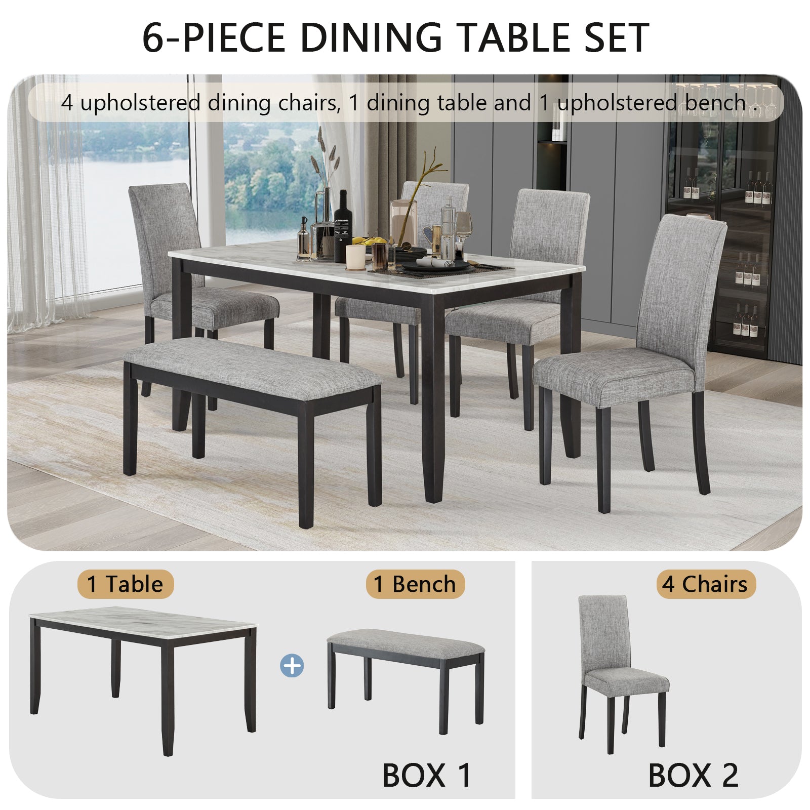 Faux Marble Dining Rectangular Table With Bench, Kitchen Table With Bench For Small Space, 6 Person Wood Dining Table, White Dark Espresso Gray Upholstered Chair Faux Marble White Dark Espresso Gray Seats 6 Wood Dining Room Rectangular 4 Leg Rectangular