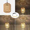 Plug In Pendant Light With Led Bulb, Rattan Hanging Lamp With 16Ft Dimmable Cord, Hand Woven Wicker Plug In Chandelier, Boho Hanging Lights Fixture With Plug In Cord For Bedroom Hallway Foyer Brown Rattan Metal