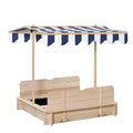 Outsunny Wooden Kids Sandbox With Cover, Children Outdoor Sand Box With Foldable Bench Seats, Adjustable Canopy, Bottom Liner For Outdoor, Natural Blue Wood