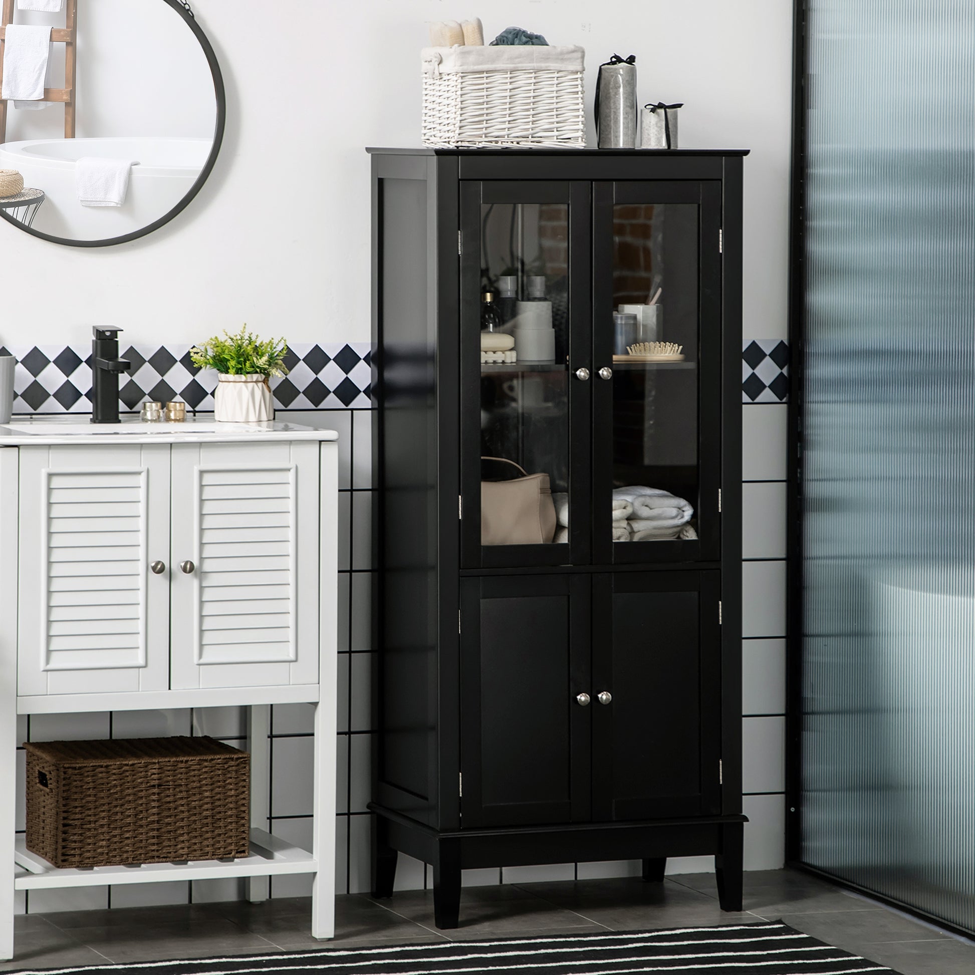 Kleankin Bathroom Floor Cabinet With 2 Storage Cabinets, Tempered Glass Door, Freestanding Linen Tower With Adjustable Shelves For Living Room, Black Black Mdf