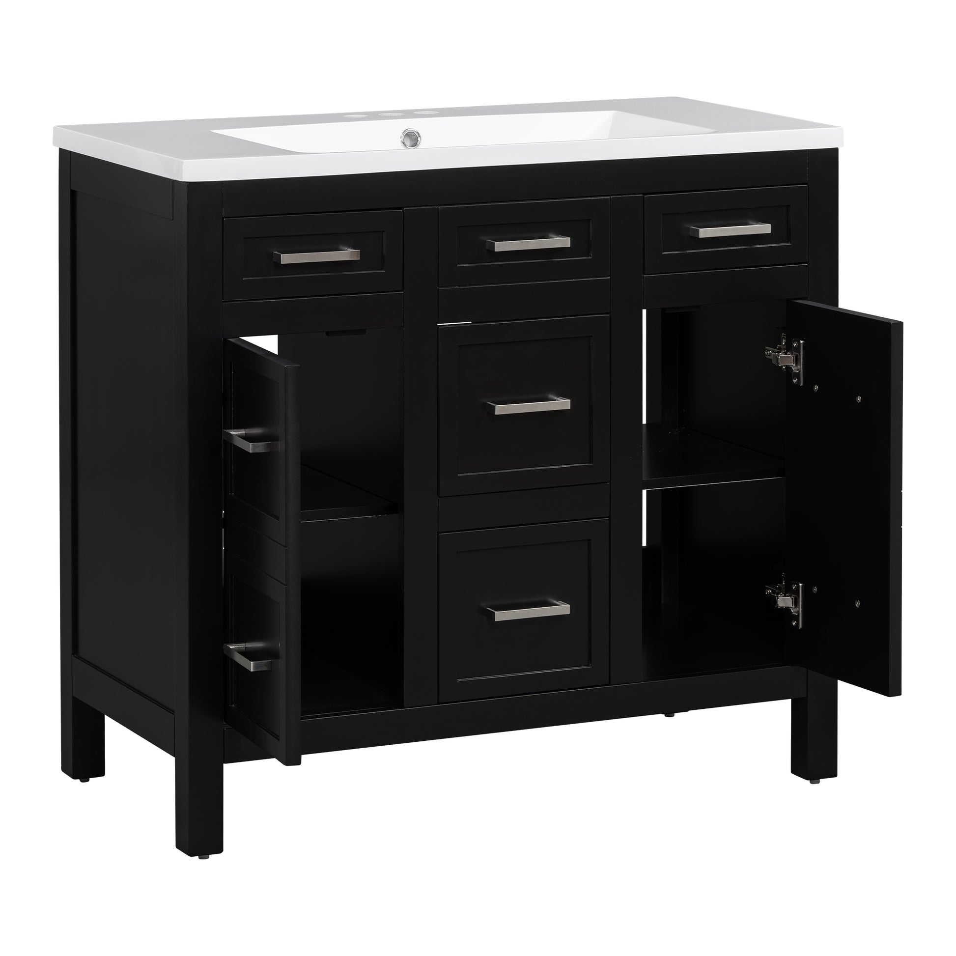 36" Bathroom Vanity Cabinet With Resin Integrated Sink 4 Drawers, 2 Doors Black Bathroom Solid Wood Mdf Resin