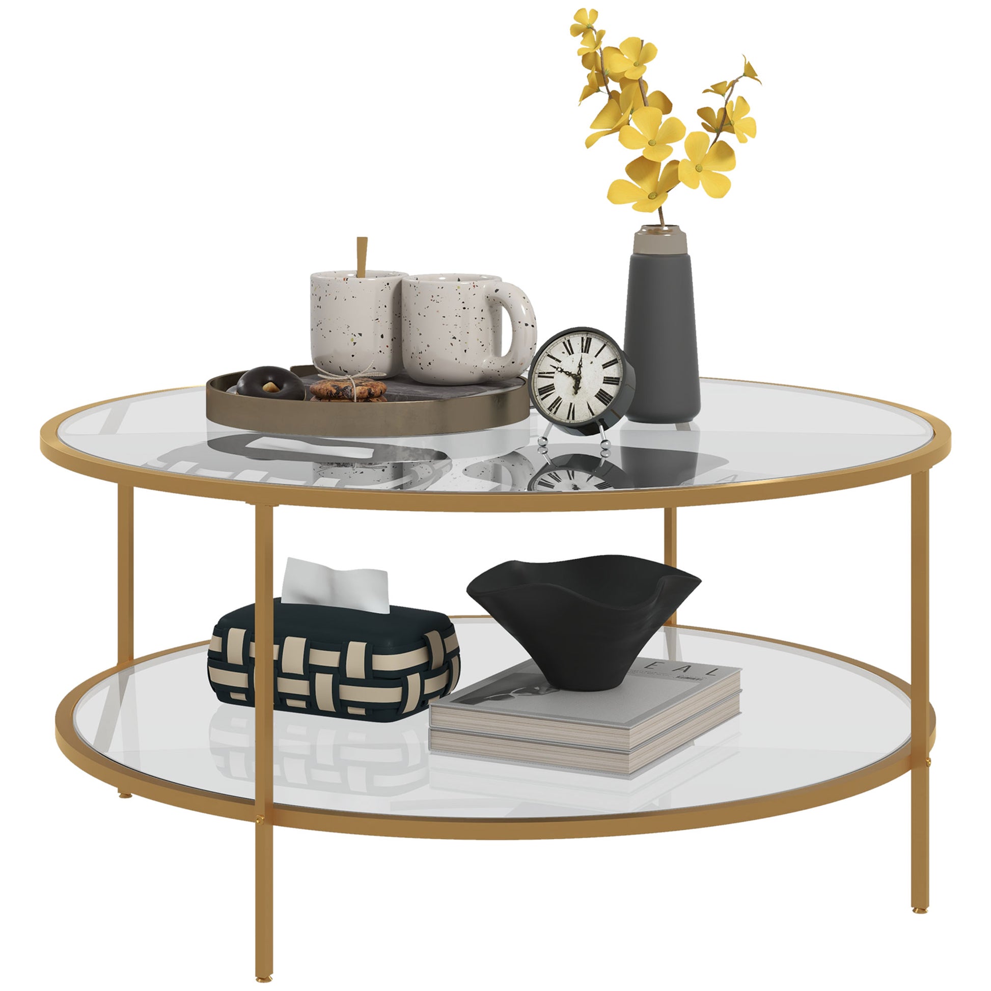 Homcom Side Table With Storage, 36" Round End Table, 2 Tier Tempered Glass Coffee Table With Steel Frame For Living Room, Gold Gold Glass Metal