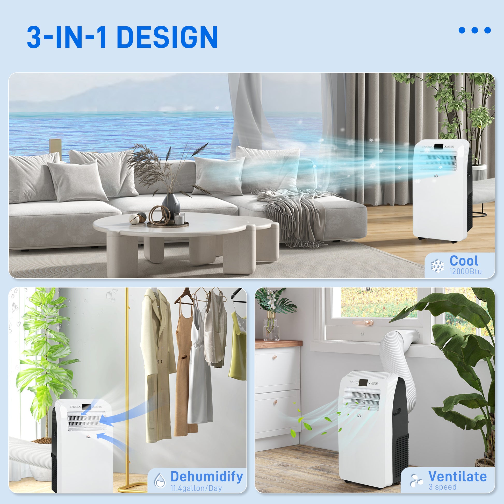 Homcom 12000 Btu Portable Air Conditioner For Rooms Up To 550 Sq. Ft., 3 In 1 Ac Unit With Dehumidifier, Cooling Fan, Remote, 24H Timer On Off, Window Installation Kit White Abs