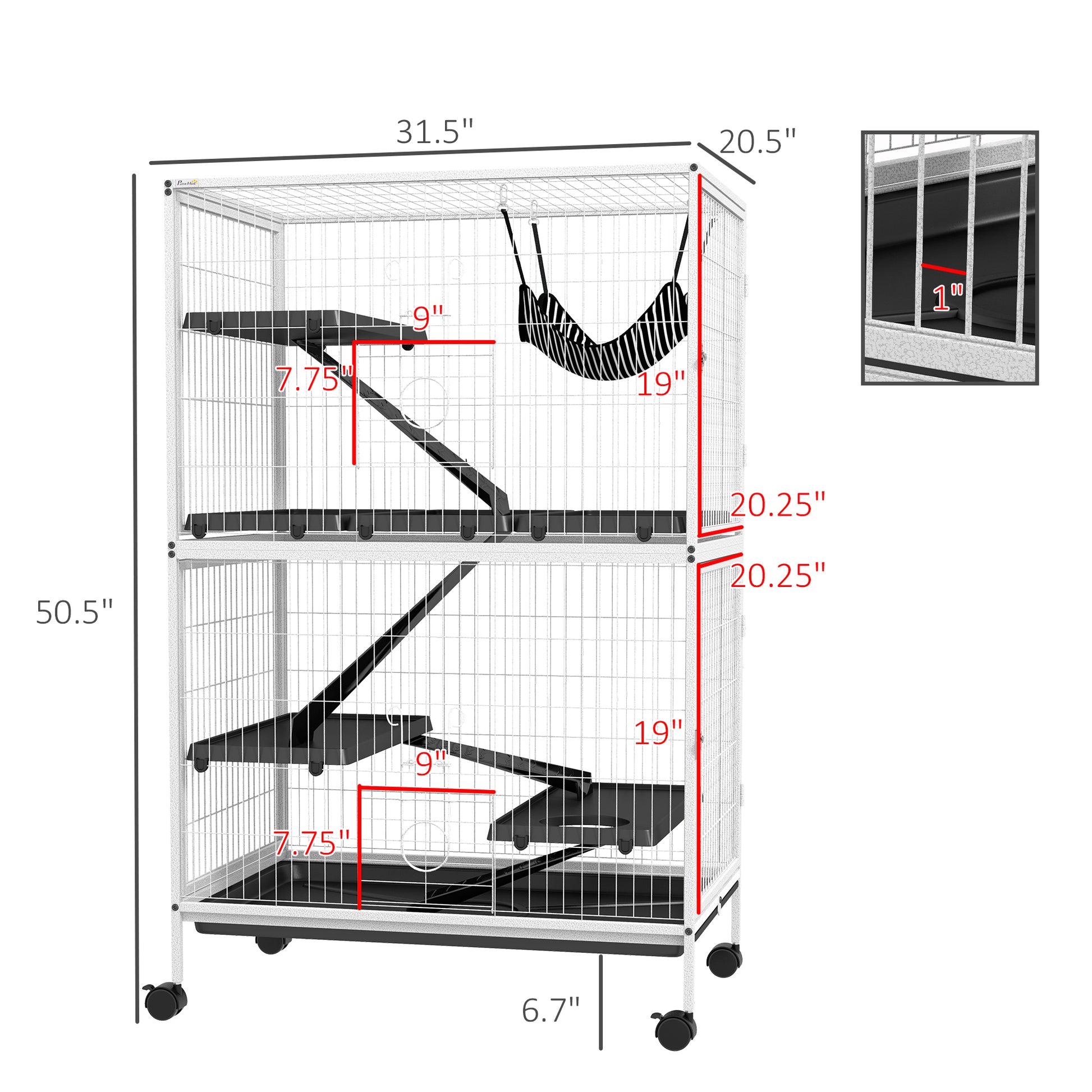Pawhut 50" H 5 Tier Small Animal Cage, Ferret Cage, Large Chinchilla Cage With Hammock Accessory Heavy Duty Steel Wire, Small Animal Habitat With 4 Doors, Removable Tray, White White Steel