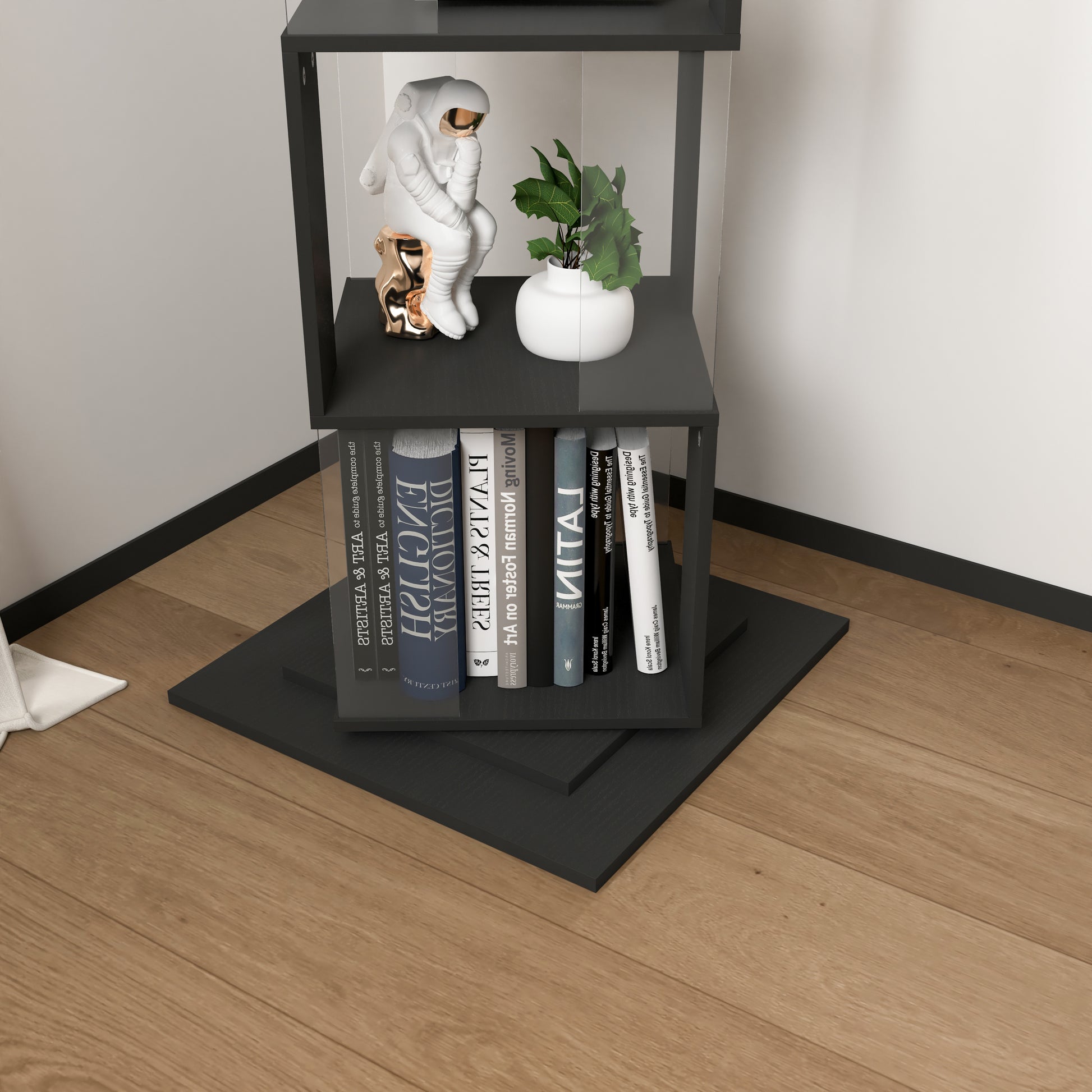 5 Tier Rotating Bookshelf, Floor Rack Simple Bookcase With Acrylic Plate Student Multi Function Creative Bookshelf For Living Room With Anti Toppling Base Black Particle Board