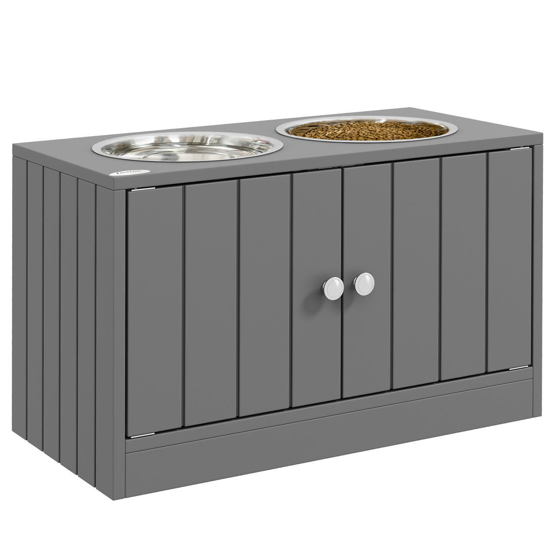 Pawhut Large Elevated Dog Bowls With Storage Cabinet Containing Large 44L Capacity, Raised Dog Bowl Stand Pet Food Bowl Dog Feeding Station, Gray Gray Mdf