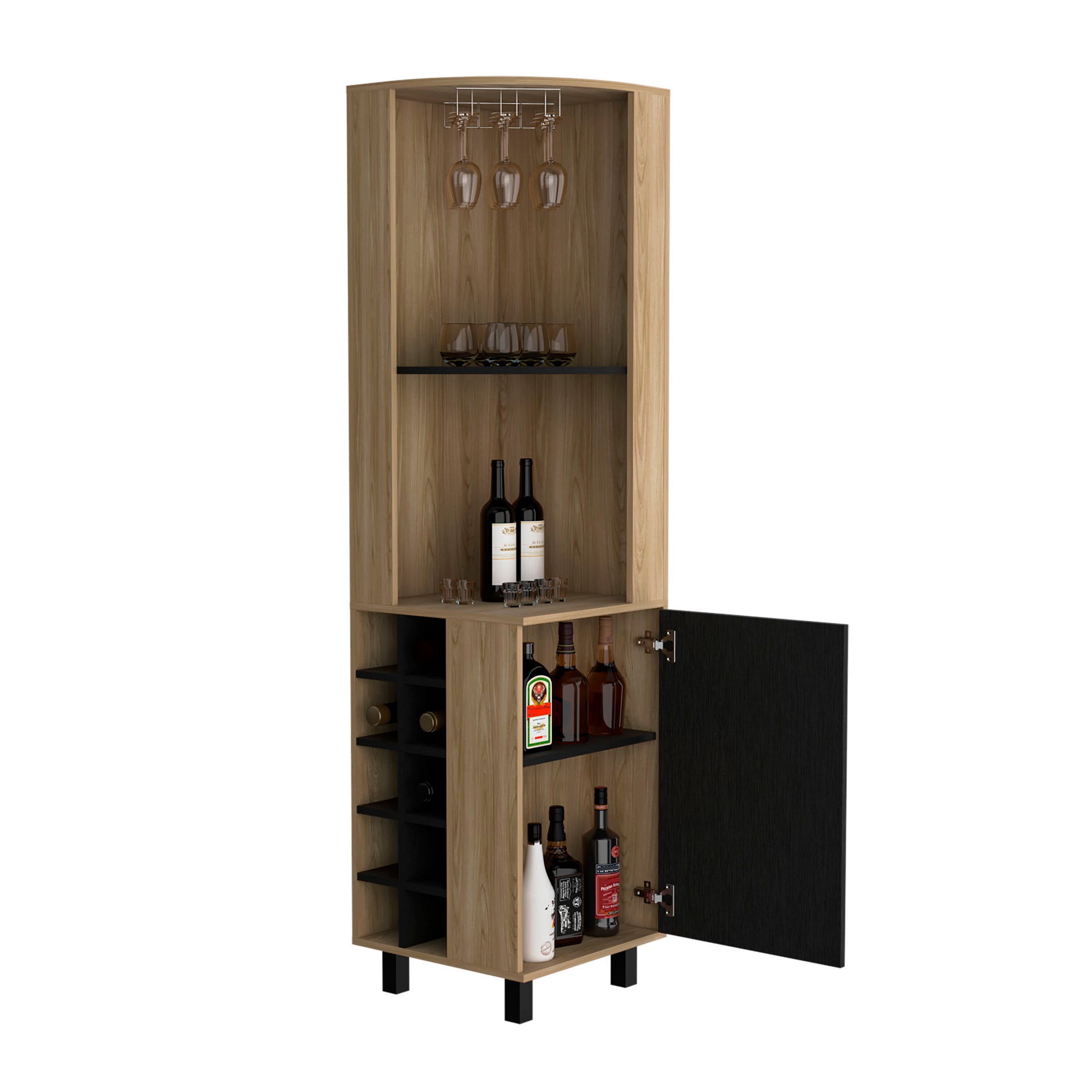 Kaia 70" Tall Corner Bar Cabinet With Four Shelves, Ten Wine Bottle Cubbies And Stemware In Natural Oak Black Light Oak Kitchen Modern Particle Board