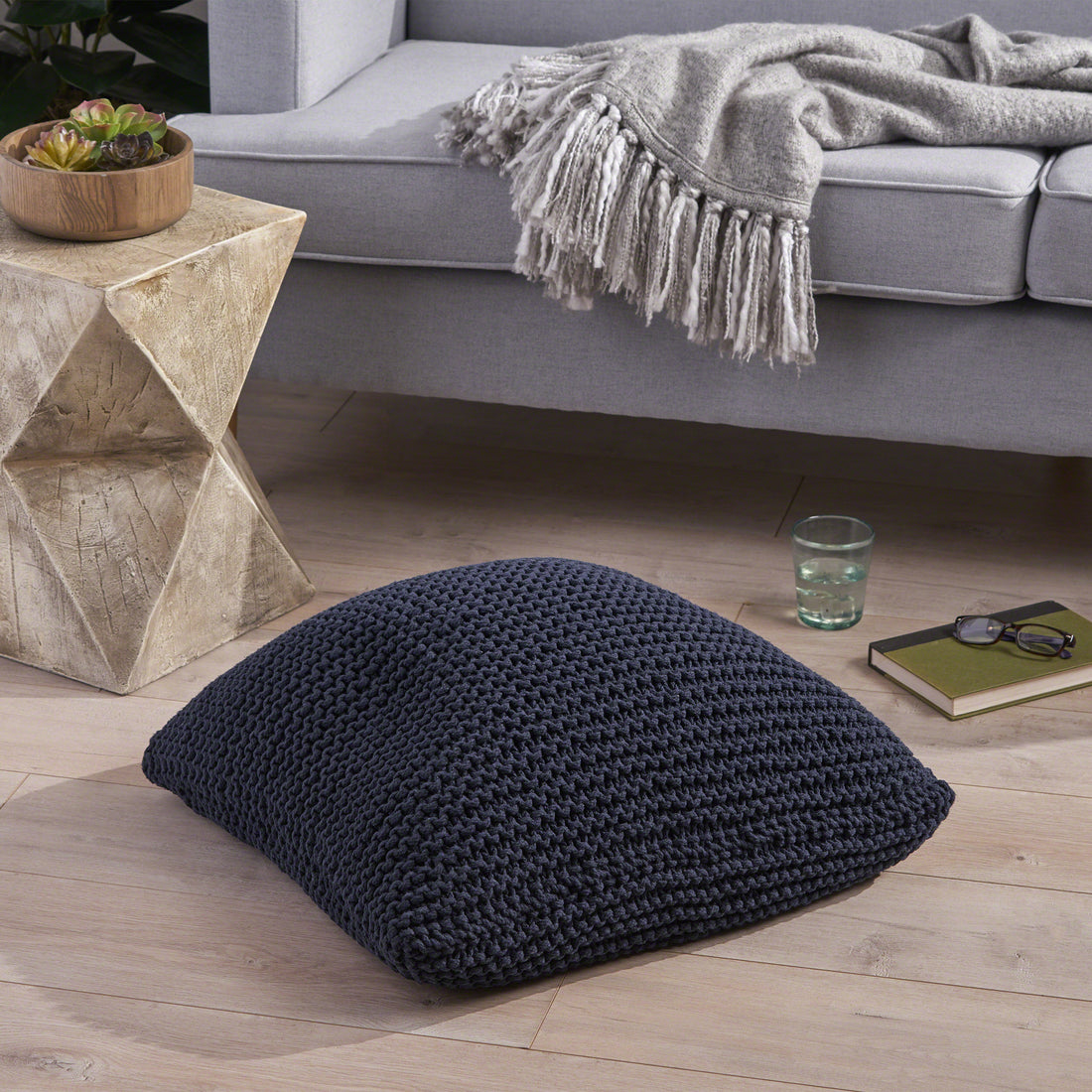Knited Floor Cushion Dark Blue Cotton