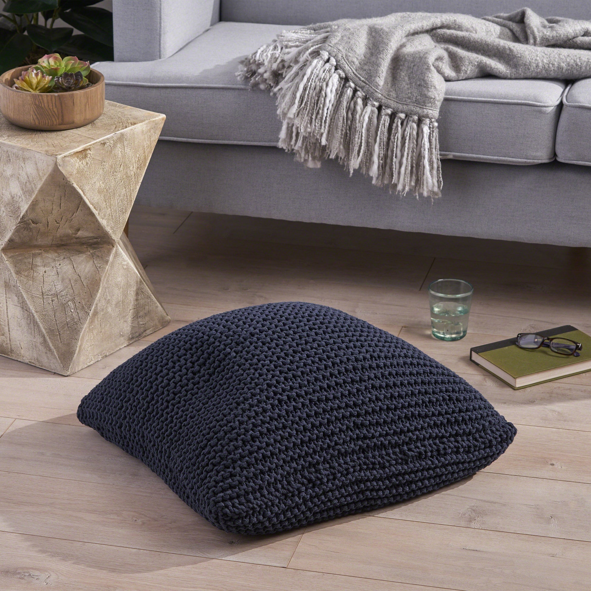 Knited Floor Cushion Dark Blue Cotton