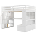 Full Size Loft Bed With Desk And Shelves, Two Built In Drawers, Storage Staircase, White Full White Plywood,Solid Wood Mdf