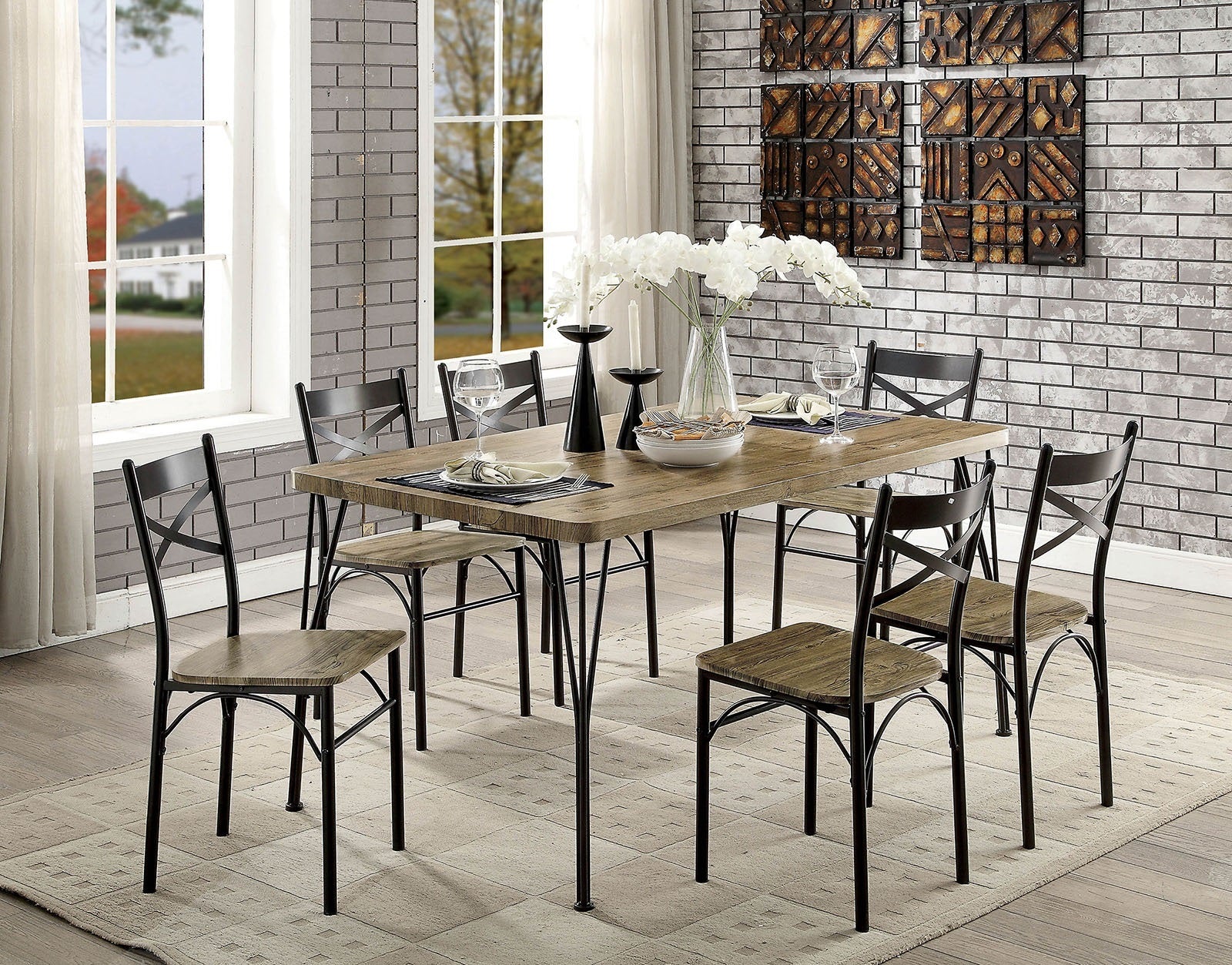 Dark Bronze Metal Kitchen 7Pc Dining Set Dining Table And 6X Side Chairs Paper Veneer X Cross Back Design Dining Room Furniture Metal Wood Natural Multi Seats 6 Metal Dining Room Solid Wood Contemporary,Modern,Transitional Rubberwood 4 Leg Rectangular