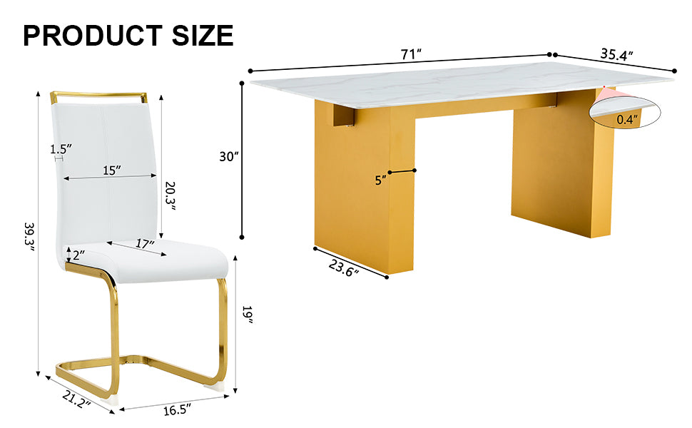 Table And Chair Set.Large Modern Rectangular Table With 0.4 Inch Patterned Glass Tabletop And Large Mdf Table Legs.Comes With 6 Chairs With Faux Leather Cushioned Seats And Golden Metal Legs. Gold White Seats 6 Mdf Glass