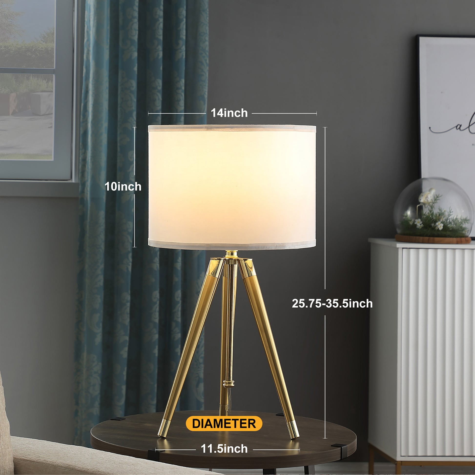 35.5" 25.75"H Adjustable Hieght Brass Shiny Gold Modern Tripod Table Lamp For Living Room, Nightstand Bedside Table Lamp For Bedroom, Led Lamp Gold White Fabric Metal