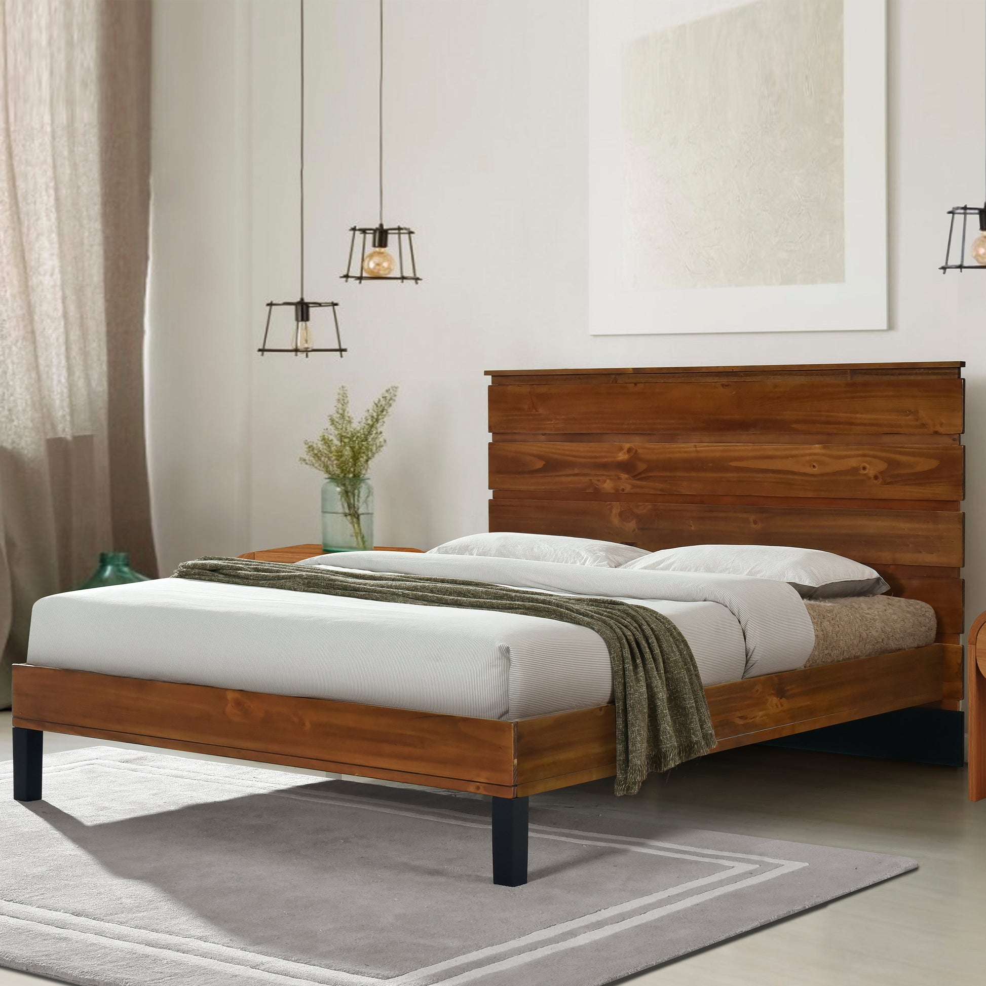 Mid Century Modern Solid Wood Bed Frame Full Size Platform Bed With Six Piece Headboard Design, No Box Spring Needed, Brown Full Brown Pine