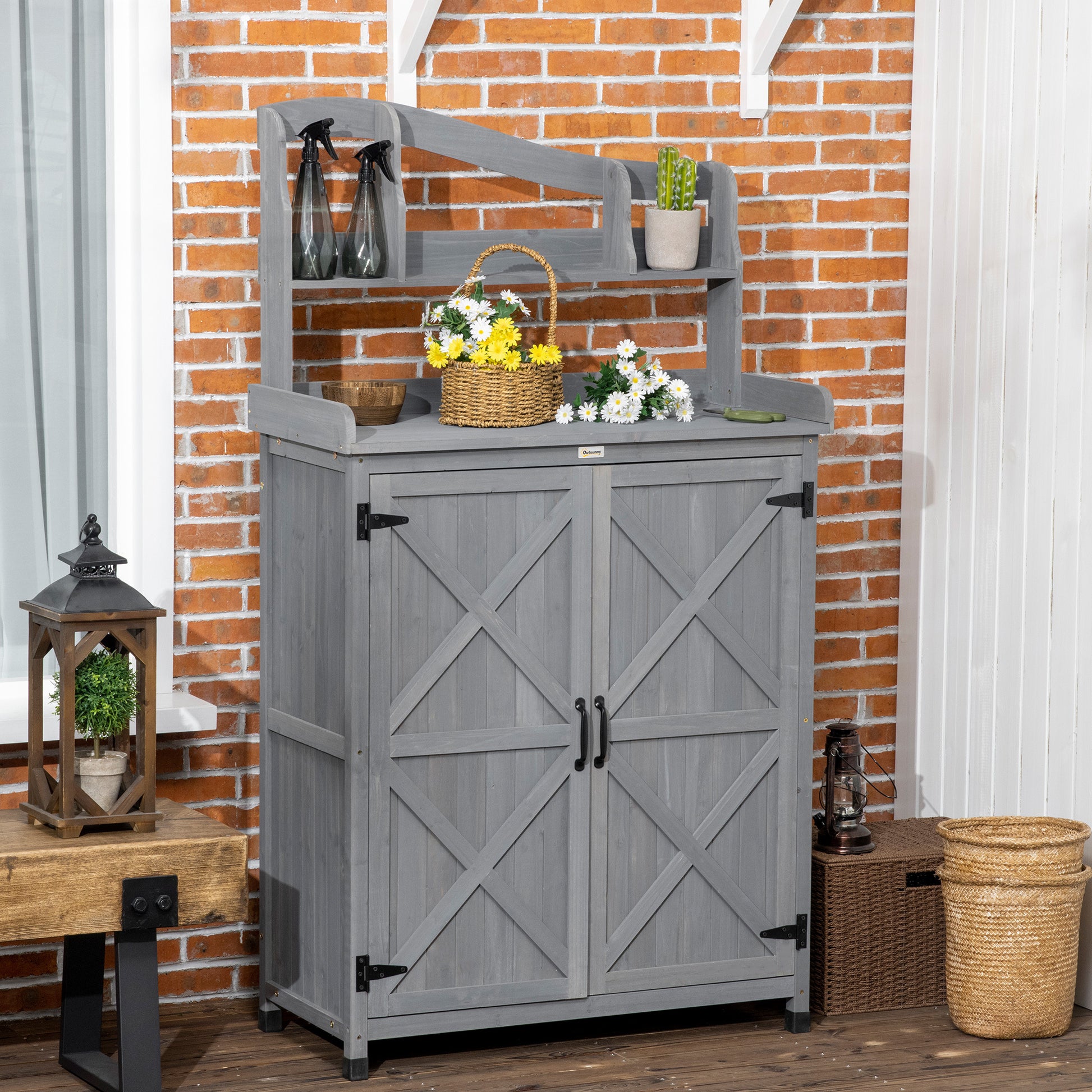 Outsunny Potting Bench Table, Outdoor Storage Cabinet, Multi Function Gardening Bench, Wooden Planting Workstation With Magnetic Doors, For Yard Tools Or Pool Accessories, Gray Dark Grey Wood