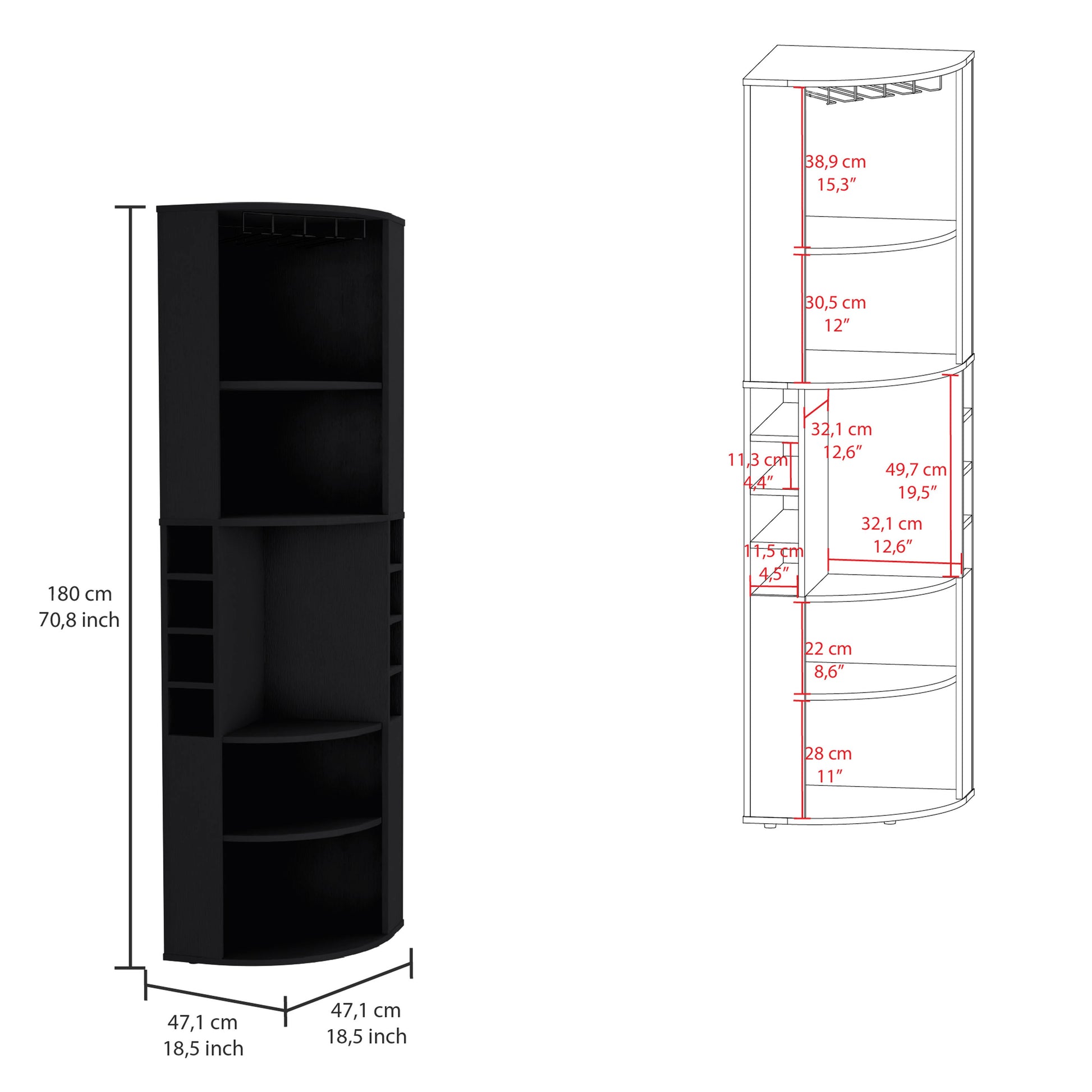 Oban Corner Bar Cabinet With Five Shelveseight Bottle Cubbies And Steamware Black Primary Living Space Modern Shelves Included Particle Board