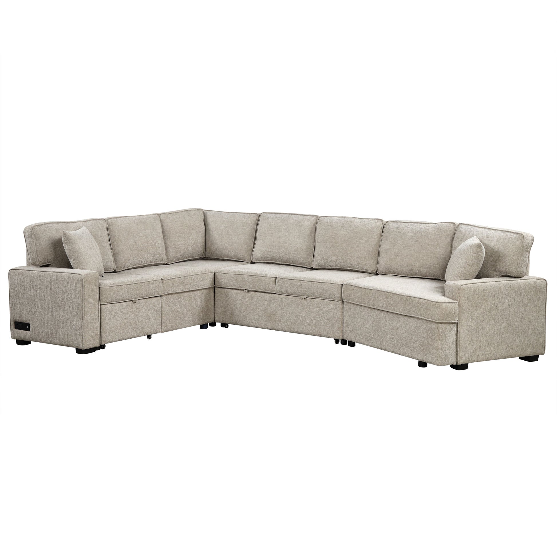 126" L Shaped Sofa Sectional Sofa Couch Pull Out Sofa Bed With Charging Devices And Cup Holders For Living Room, Beige Beige Foam Chenille 6 Seat