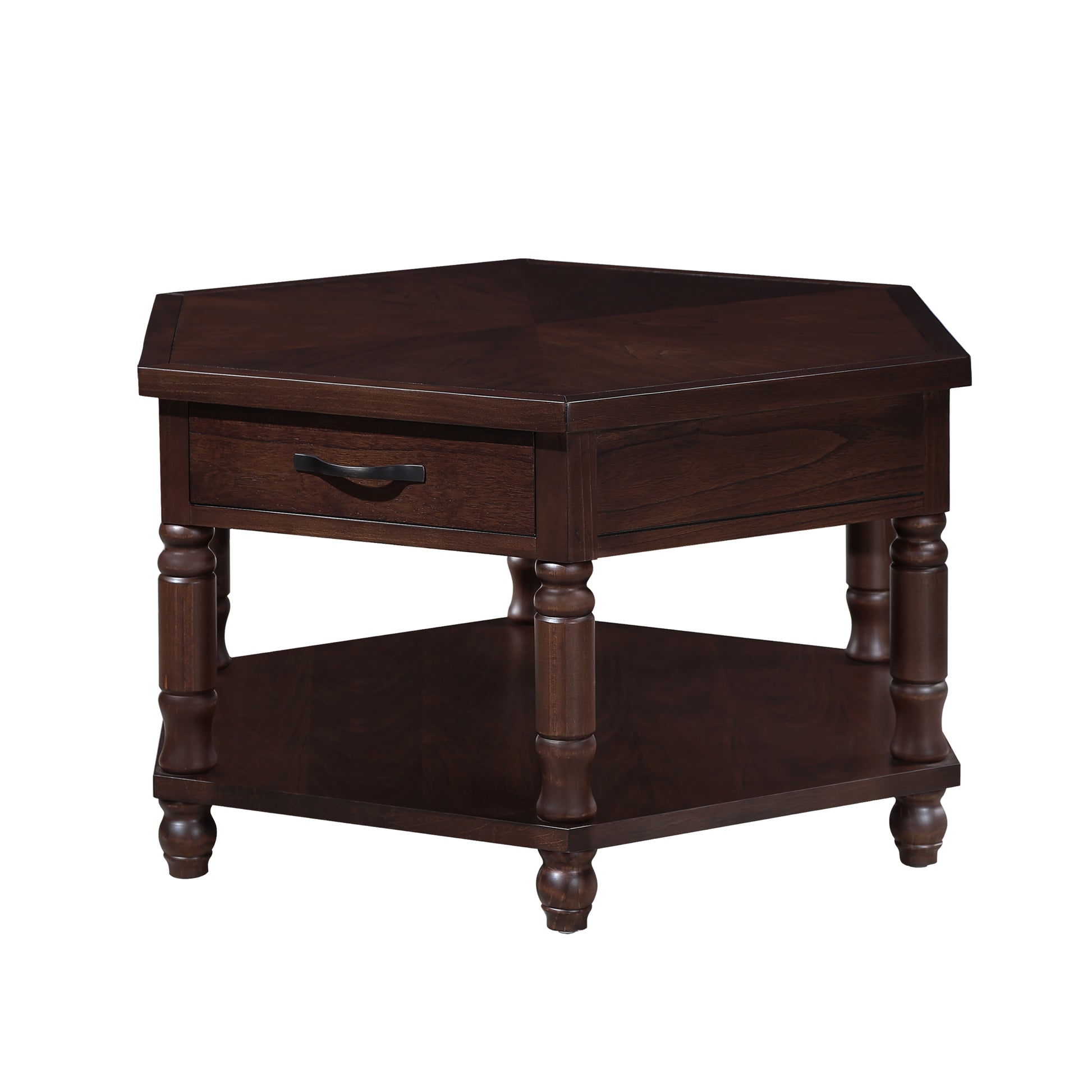 2 Tier Retro Hexagon Living Room Solid Wood Coffee Table With Shelf & Drawer, 36'' Mid Century Center Coffee Table For Living Room, Office. Light Espresso Light Espresso Pine