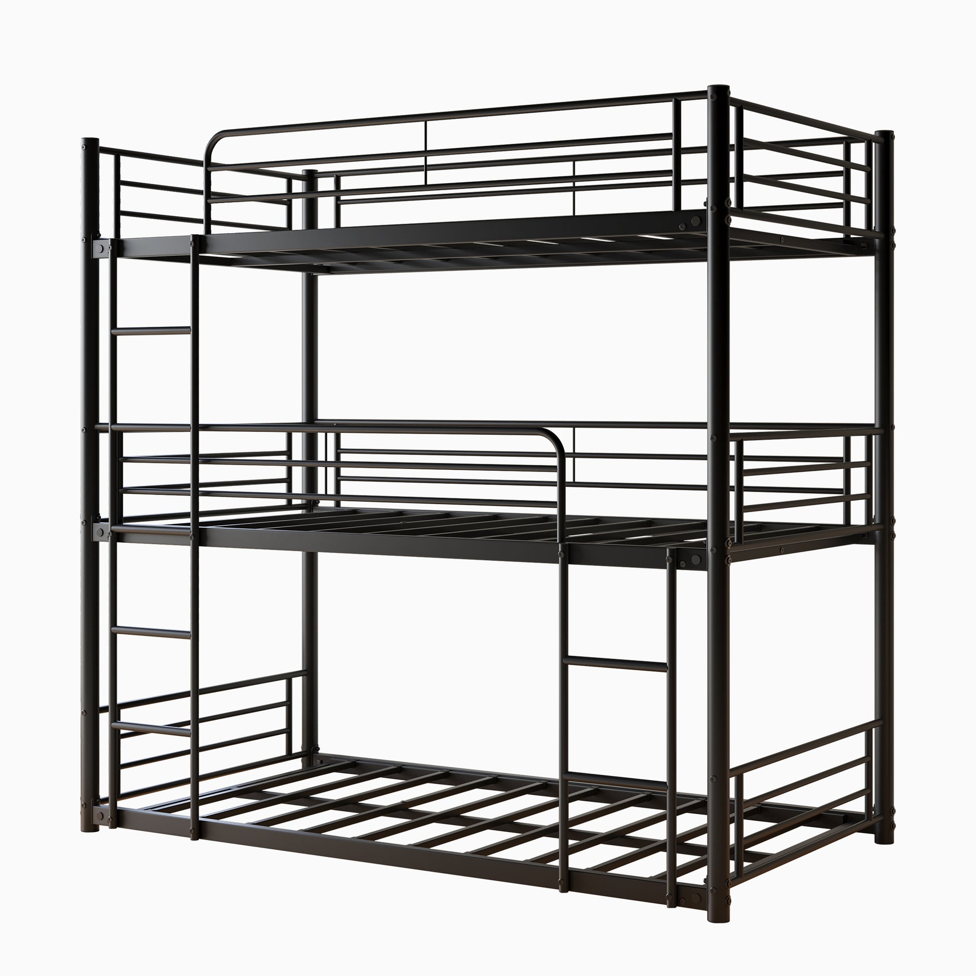 Triple Twin Bunk Beds, Twin Over Twin Over Twin Metal Bunk Bed Platform Frame, Two Attached Ladders, Easy Access Guard Rail, No Box Spring Need Black Box Spring Not Required Twin Black Metal Bedroom