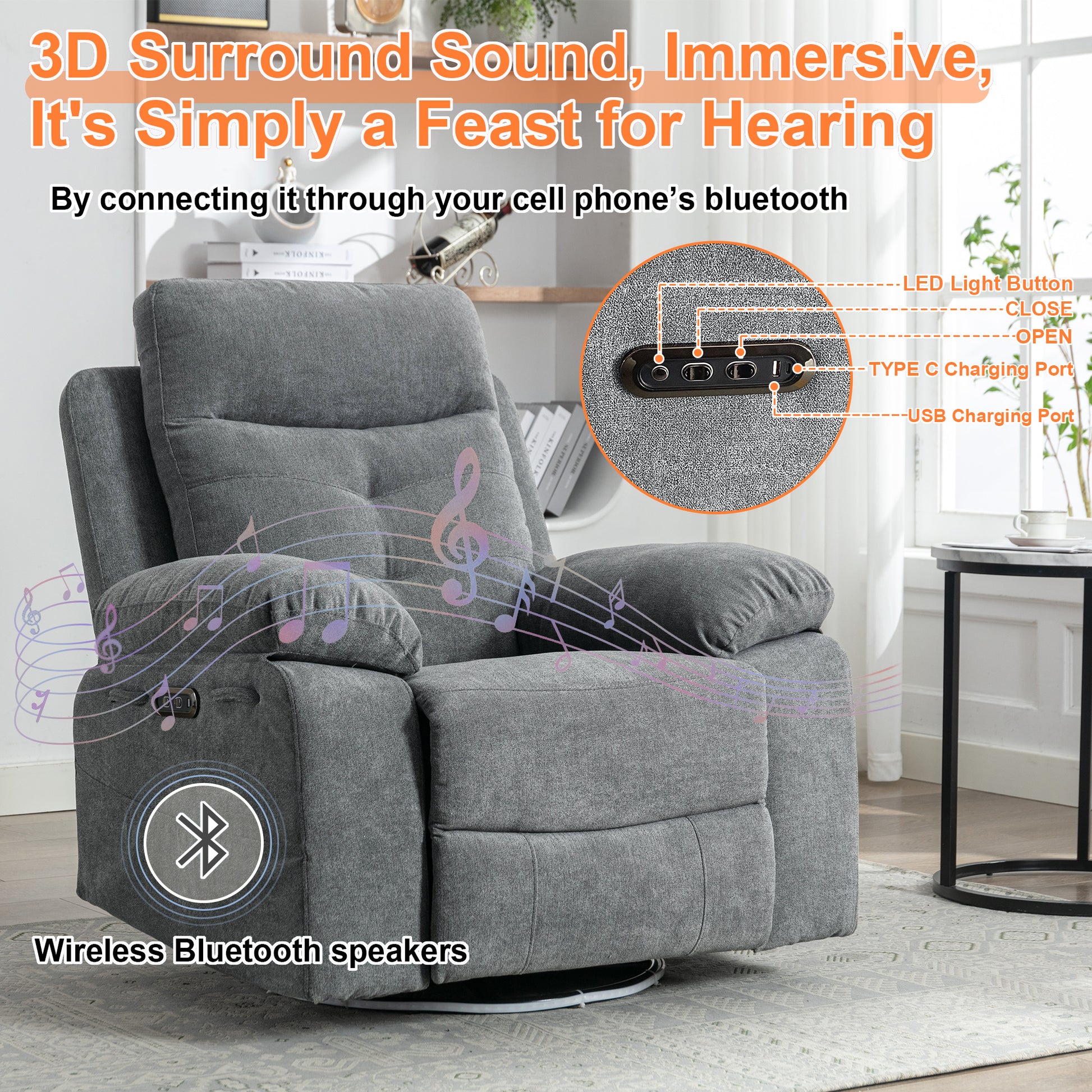 Power Recliner Glider Chair With Bluetooth Speaker 270 Degree Swivel With Led Light Side Arm With Storage Pockets Usb Type C Charging Port Button Control Retractable Footrest Adjustable Backrest Lg Light Grey Linen Power Push Button Metal Primary Living